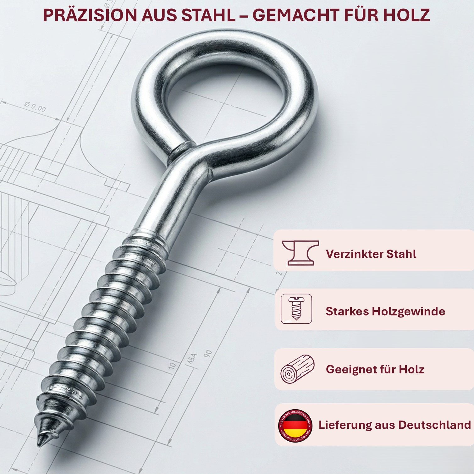 HOOZ Ringschrauben Ösenschrauben Set verzinkt Holz Wand- & Deckenhaken Ø 6x 80 mm - 15 St, (Augenösenschraube, 15 St., Einschraubhaken Ring), Belastbare Schraubhaken Ring aus robustem Stahl mit Holzgewinde