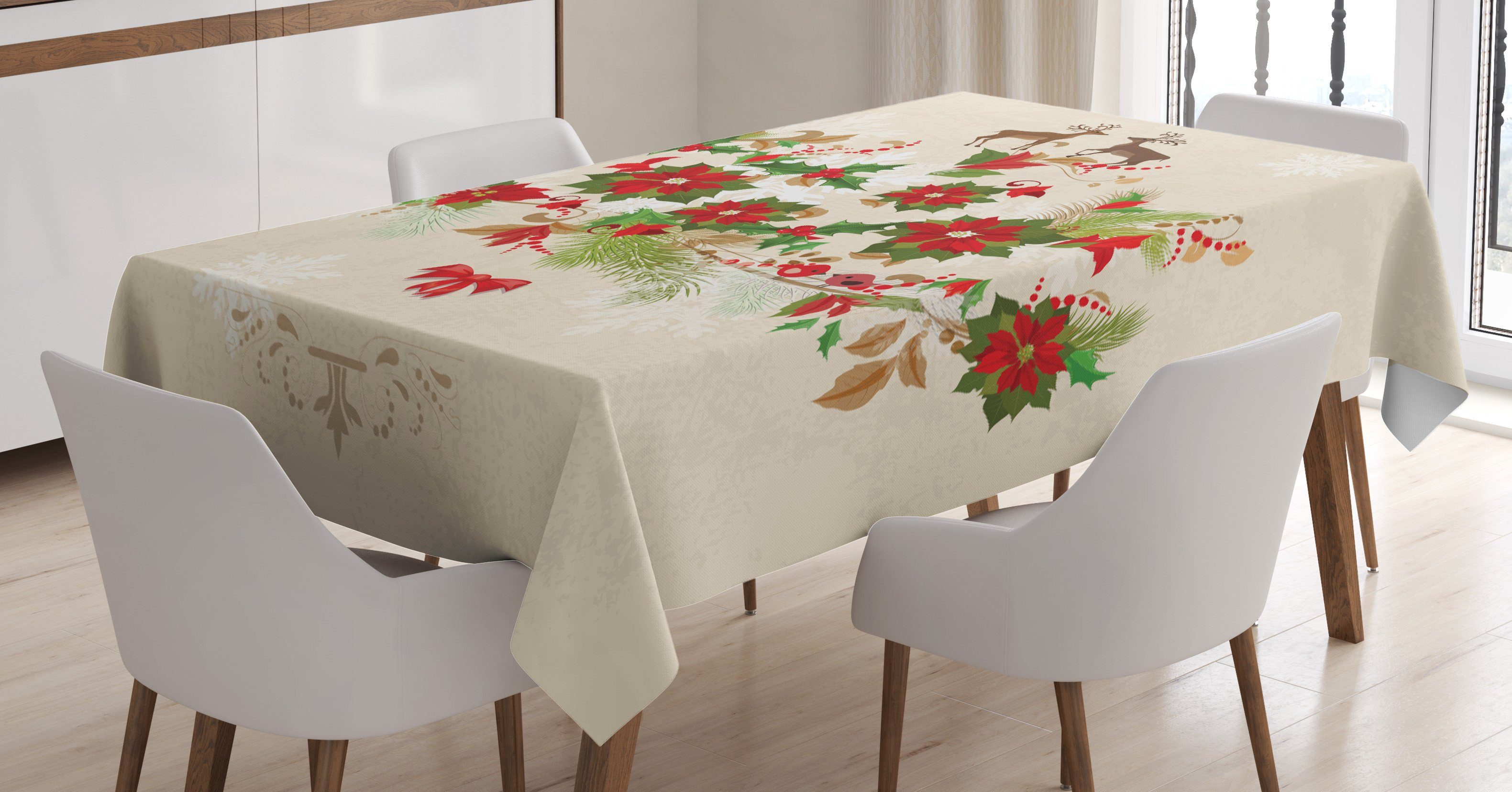 Abakuhaus Tischdecke Farbfest Waschbar Für den Außen Bereich geeignet Klare Farben, Weihnachten Blumen-Ren-Motiv