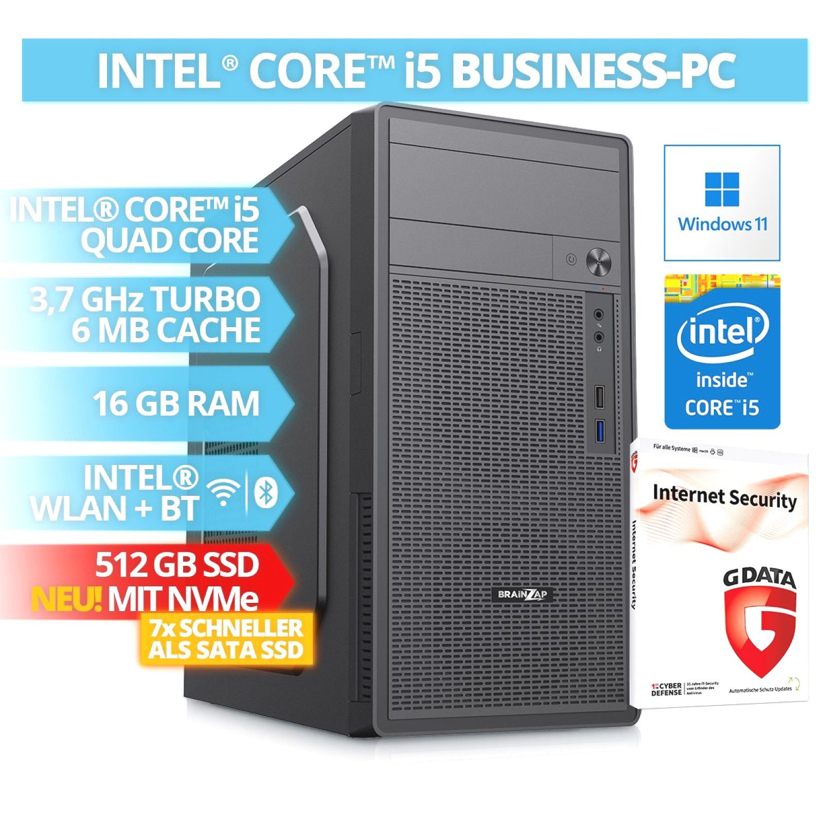BRAINZAP Office/Home/Desktop PC Business-PC (Intel Core i5 4590, 16 GB RAM, 512 GB SSD, Luftkühlung, NVMe SSD, Windows 11, G DATA Internet Security)