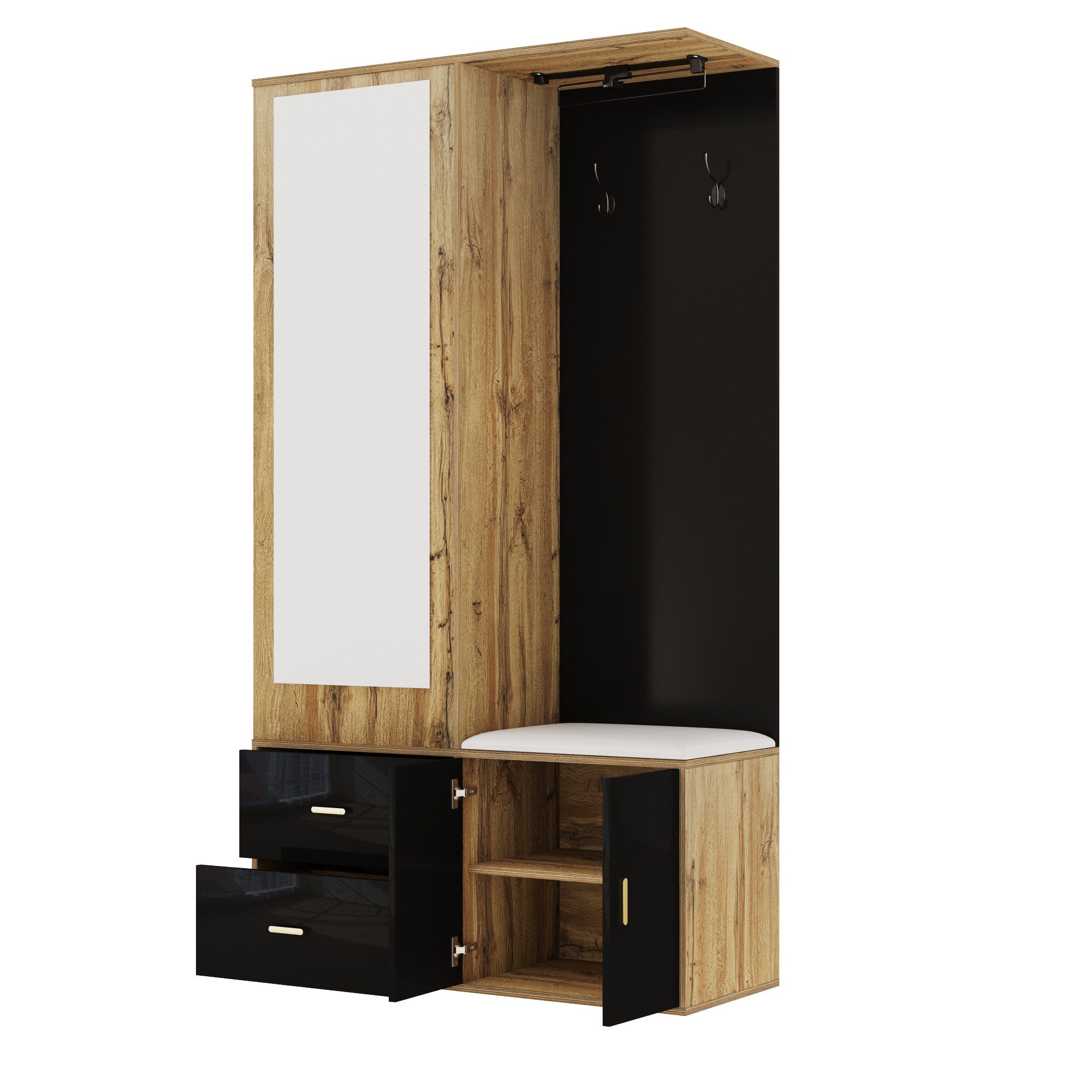 MC Star Garderobenschrank Edles Garderobenset in Weiß- und Holzfarben mit Spiegel (Schuhschrank, Schuhbank mit Haken und ausziehbarer Kleiderstange)