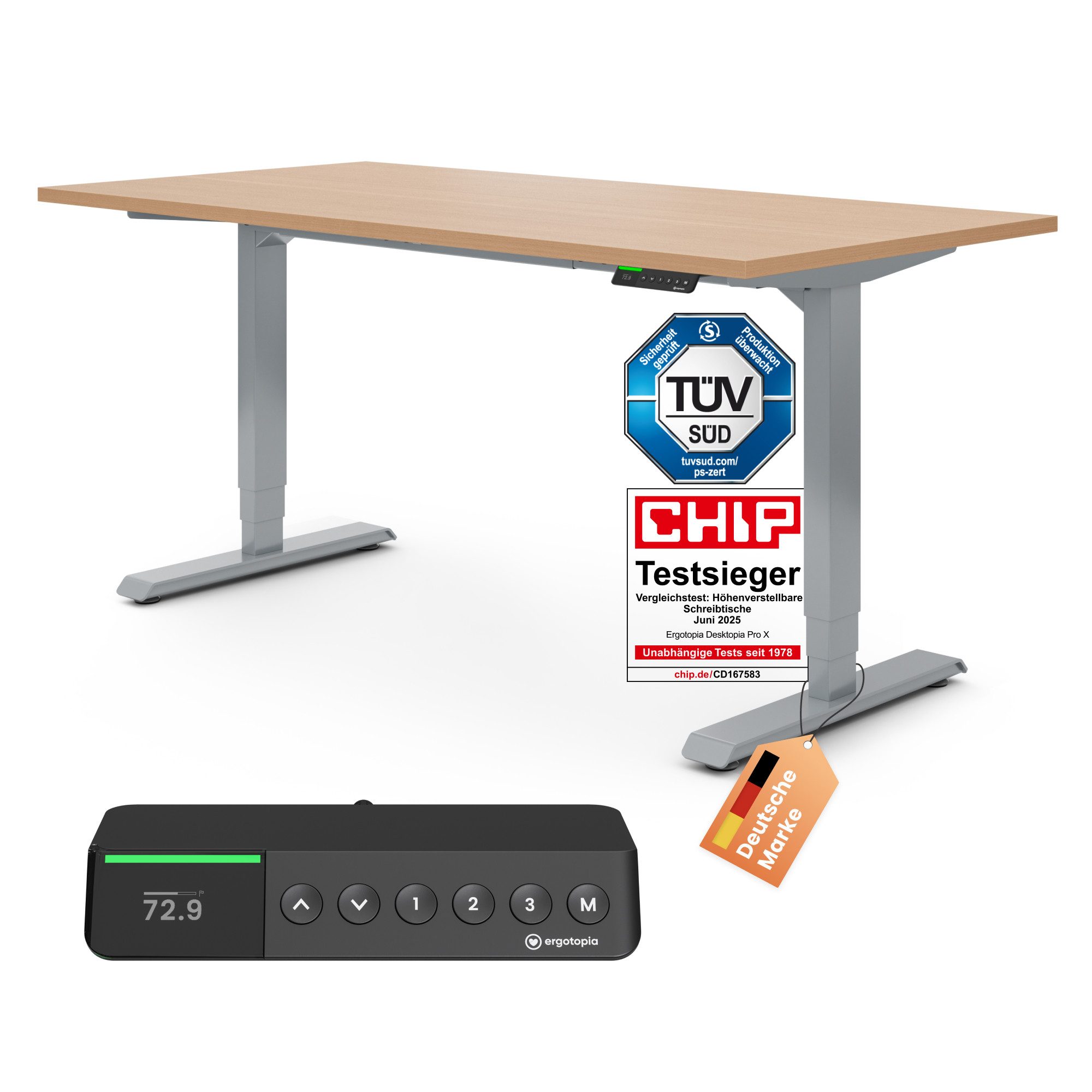 Ergotopia Schreibtisch Desktopia Pro X elektrisch höhenverstellbarer Schreibtisch, elektrisch verstellbarer Bürotisch inkl. edlem OLED-Display