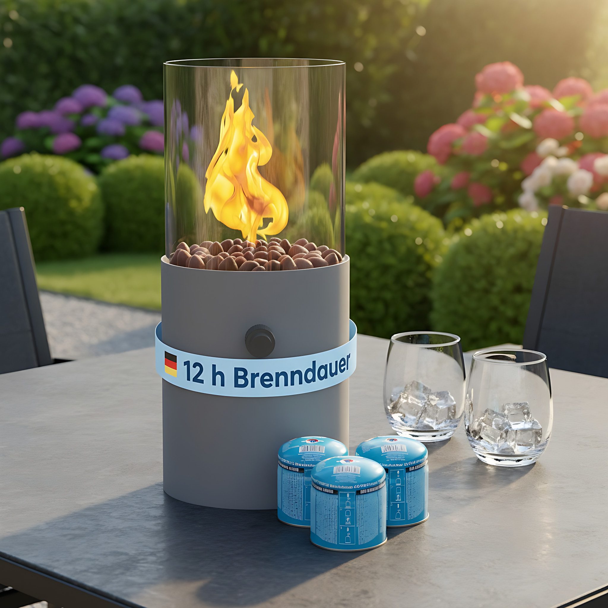 TOM Echtfeuer-Dekokamin Tischkamin Gas mit 3x 190g Kartuschen, 12h Brenndauer, Dekosteine, Rund, Outdoor, Indoor