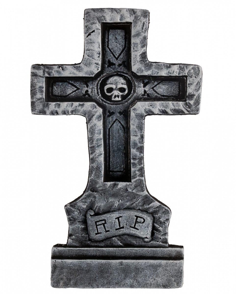 Dekoobjekt R.I.P. Grabstein als Kreuz mit Totenkopf 60cm