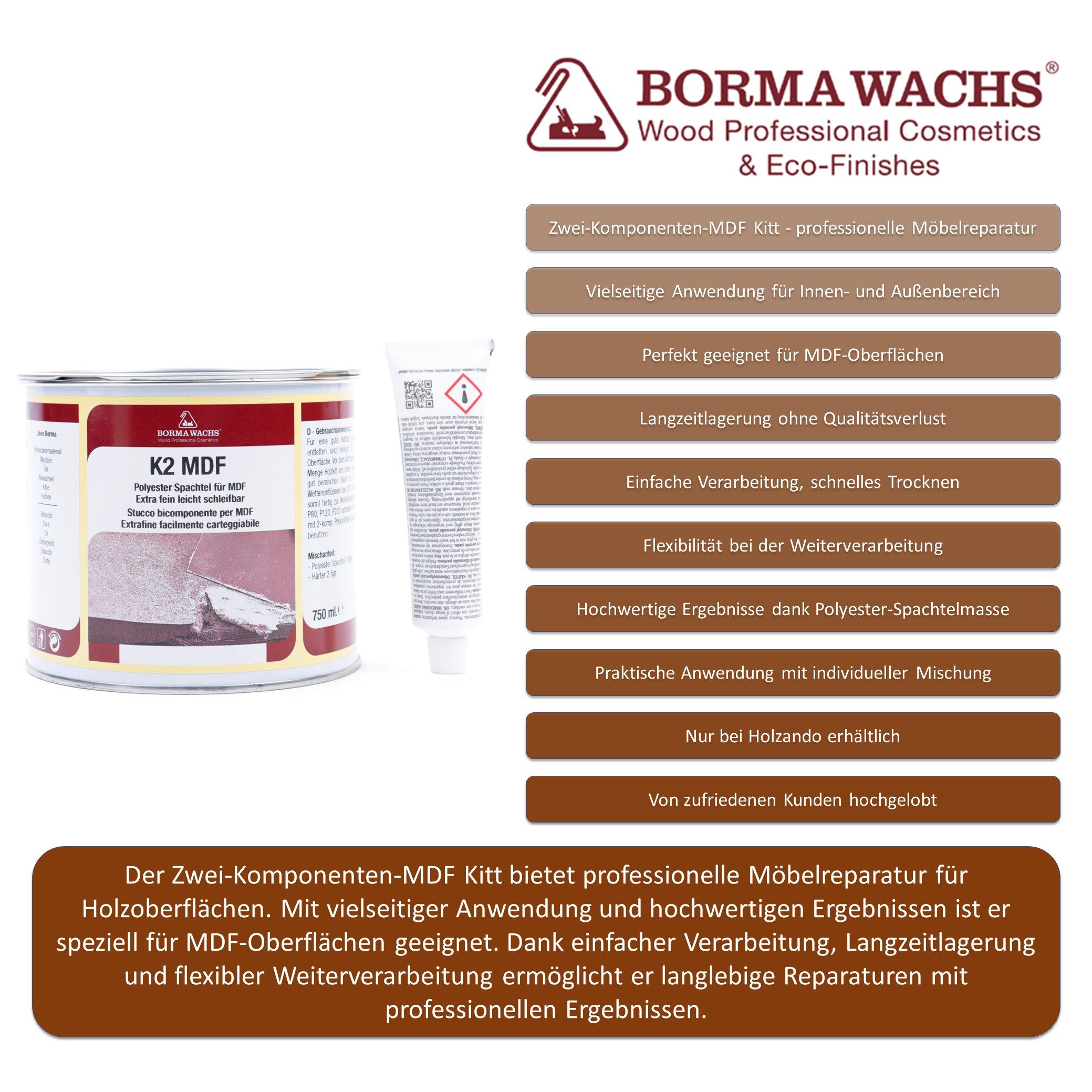 BORMA Spachtelmasse K2 MDF 750ml Teak günstig online kaufen
