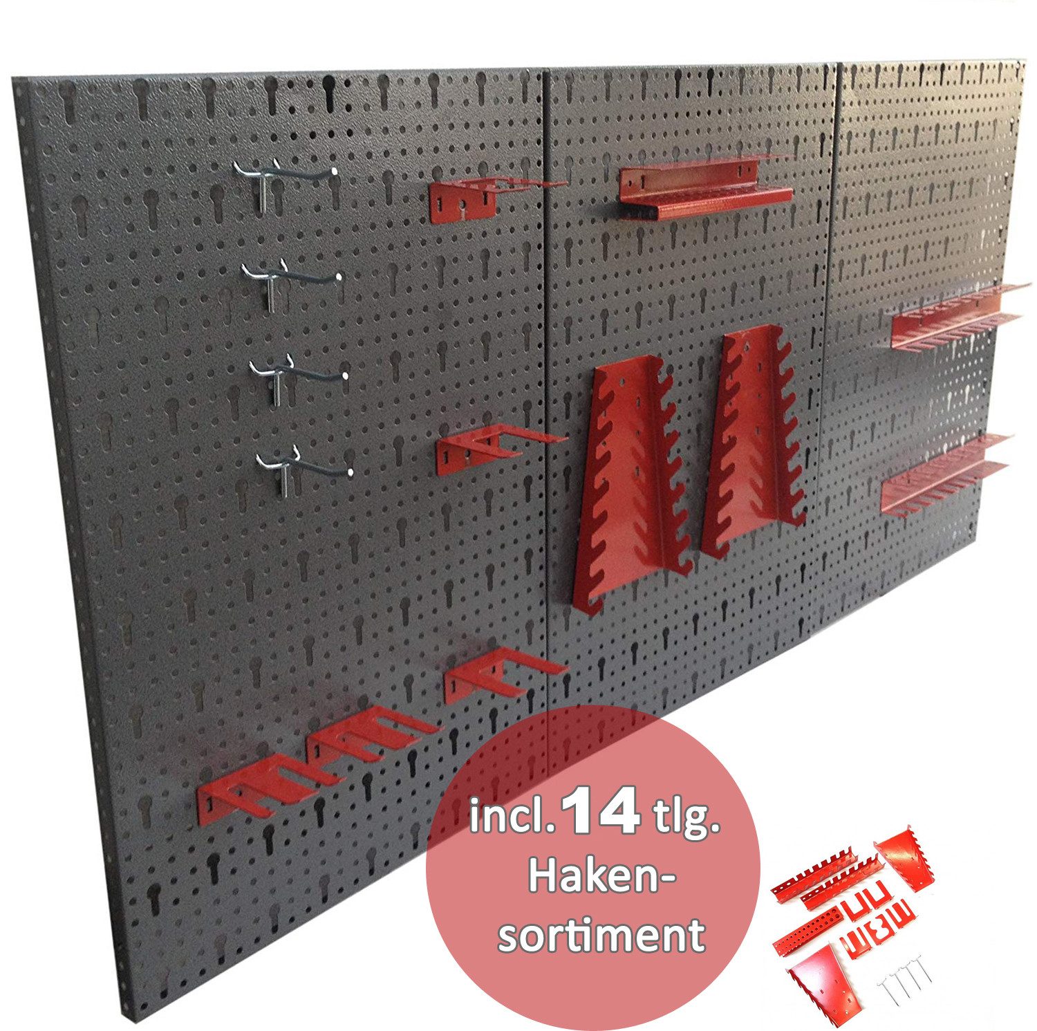 Kreher Lochwand Werkzeuglochwand aus Metall mit 14tlg. Hakenset, 120 x 60 cm