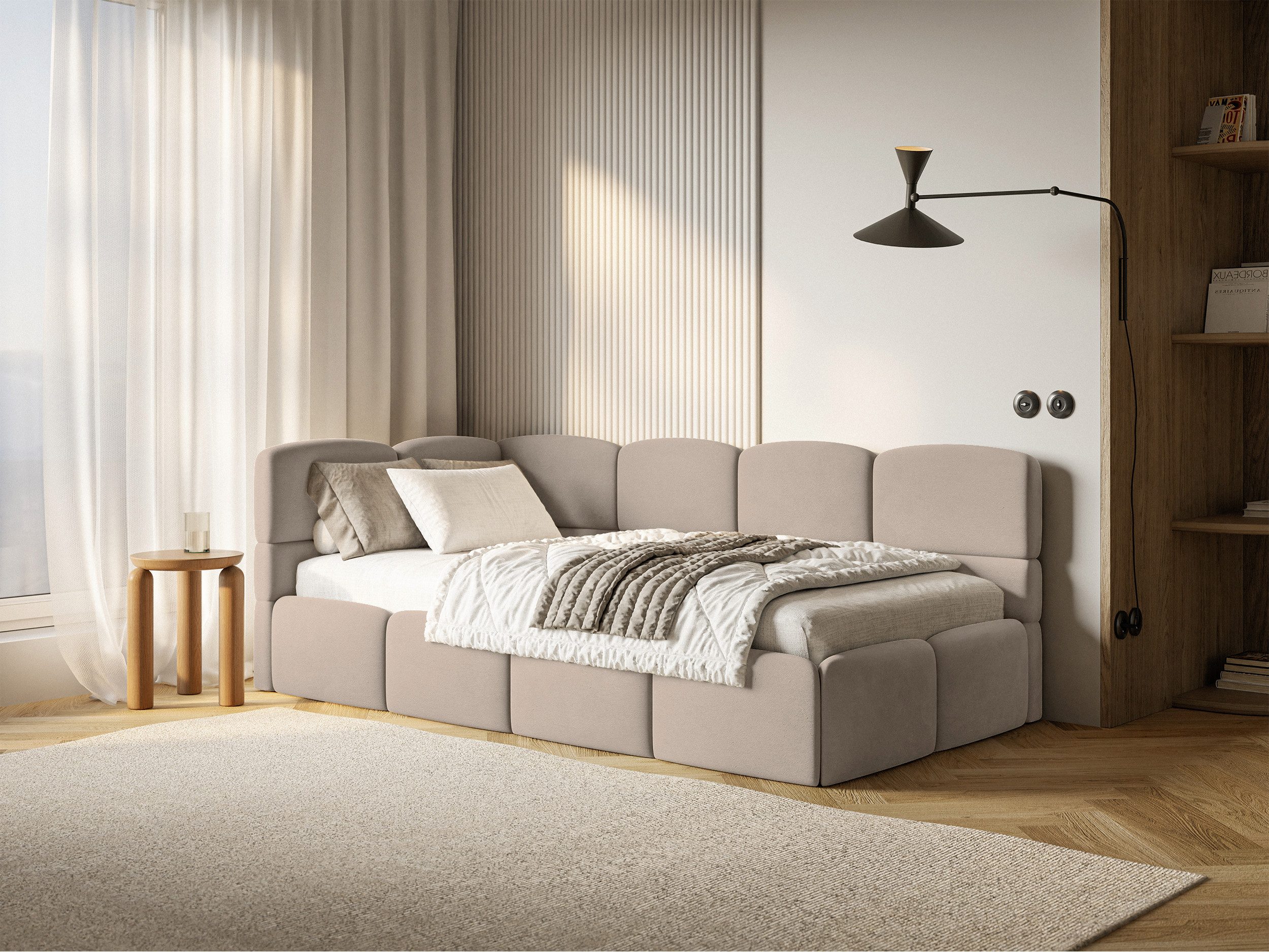 Selsey Jugendbett CLOUDY, Eck-Kopfteil, Matratze & Bettkasten, Easy-Clean-Samt, 90x200 cm