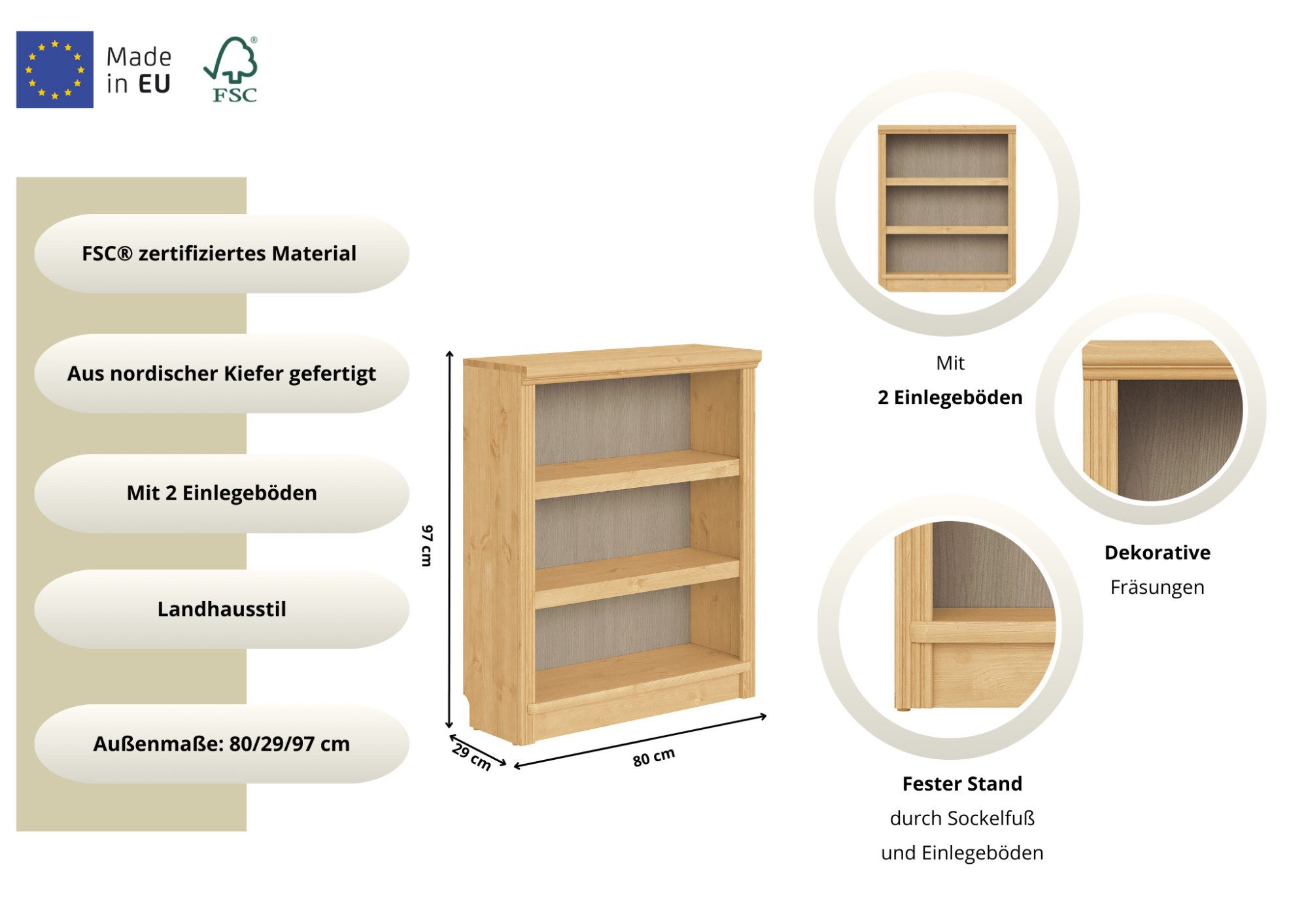 OTTO home Standregal Soeren Regal Bücherregal B/T/H: 80/29/97 cm, massive Kiefer, FSC®-zertifiziert