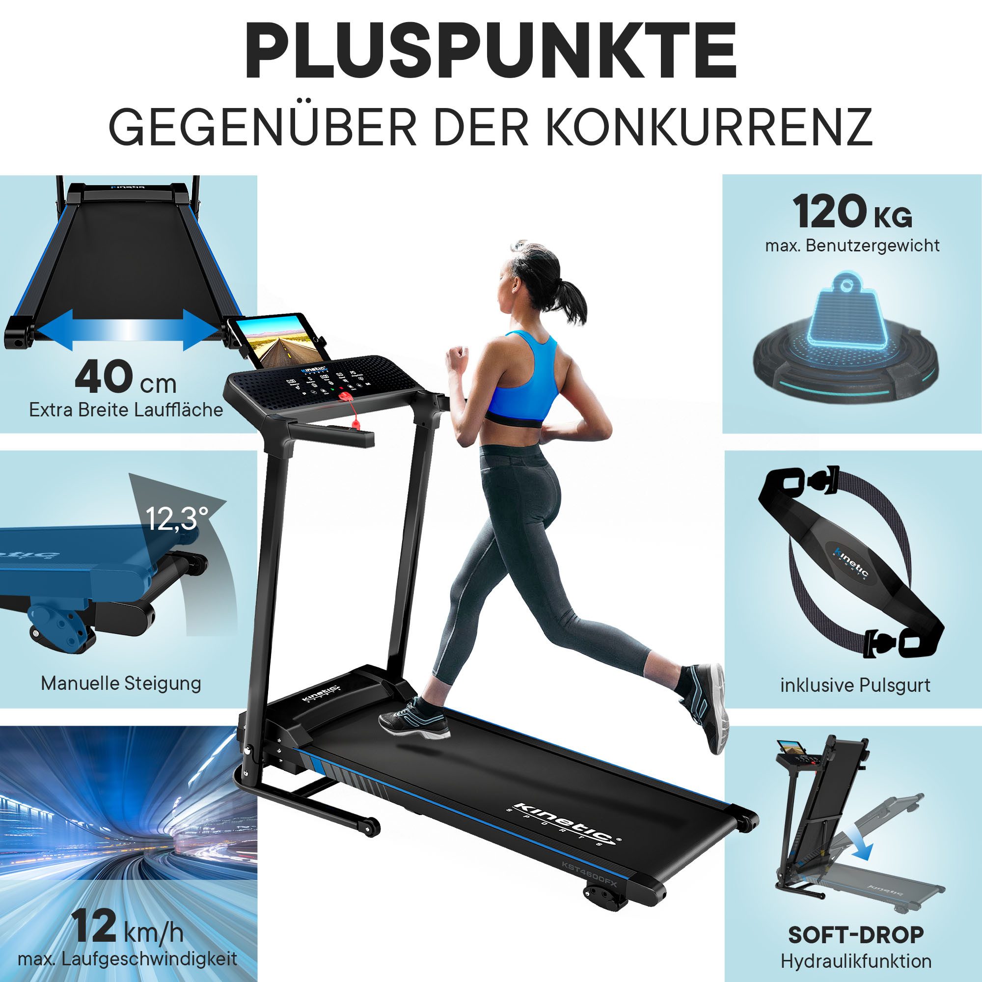 Kinetic Sports Laufband, 40 cm Lauffläche, LCD Display, 1100 Watt Motor, bis 12 km/h