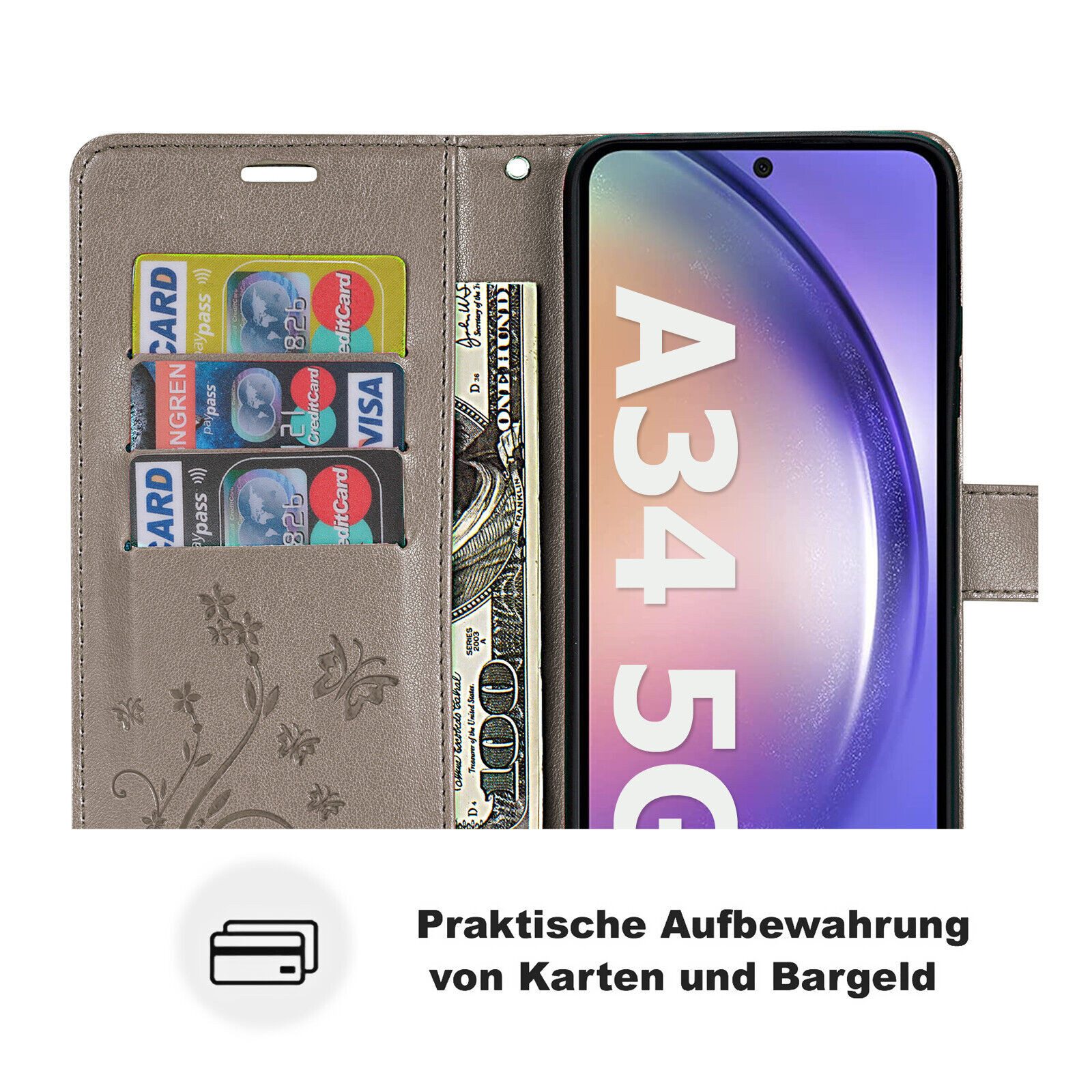 betterfon Handyhülle Handytasche für Samsung Galaxy A34 5G Klapphülle, Bookstyle-Hülle: Magnetverschluss 3 Kartenfächer & Standfunktion – Bild 4 von 5