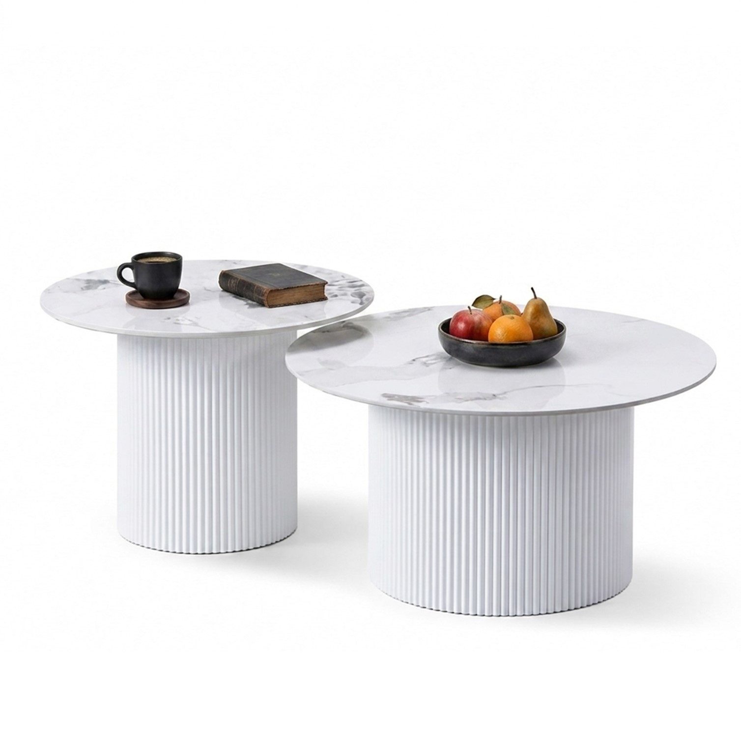 HOOZ Couchtisch Wohnzimmertisch Keramik rund 2er Set Trommel Gestell Weiß 80 & 60 cm (Set, 2-St., 2× Satztisch), Sofatisch mit geriffeltem Gestell – stabil & pflegeleicht