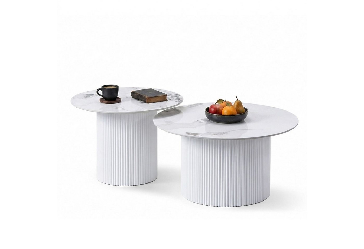 HOOZ Couchtisch Wohnzimmertisch Keramik rund 2er Set Trommel Gestell Weiß 80 & 60 cm (Set, 2-St., 2× Satztisch), Sofatisch mit geriffeltem Gestell – stabil & pflegeleicht