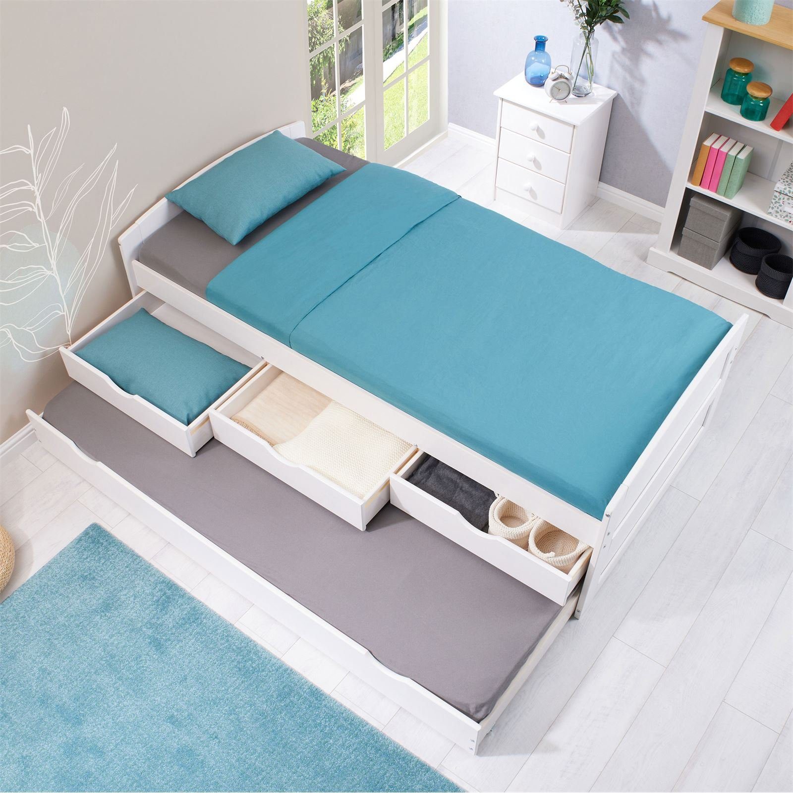 IDIMEX Funktionsbett JESSY, Bett mit Stauraum Jugendbett mit 3 Schubladen Ausziehbett Kiefer 90x19