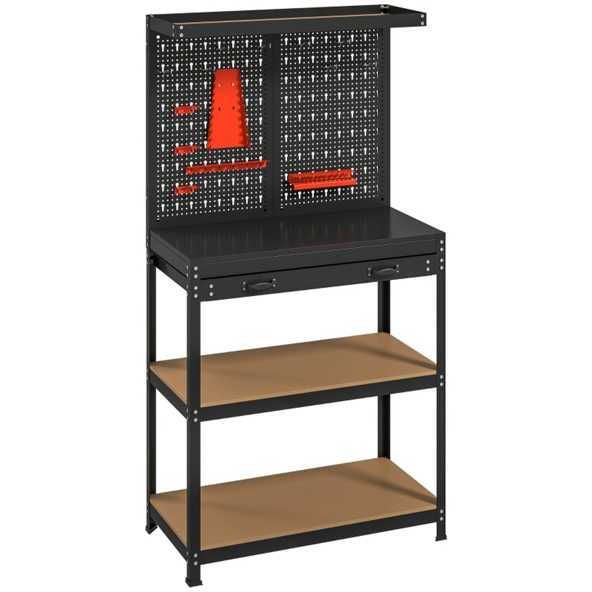 MC Star Werkbank 80 x 40,5 x 155 cm Werkzeugbank mit Lochwand, Haken, Schublade, (2 Ablagen für Werkstatt Schwarz)