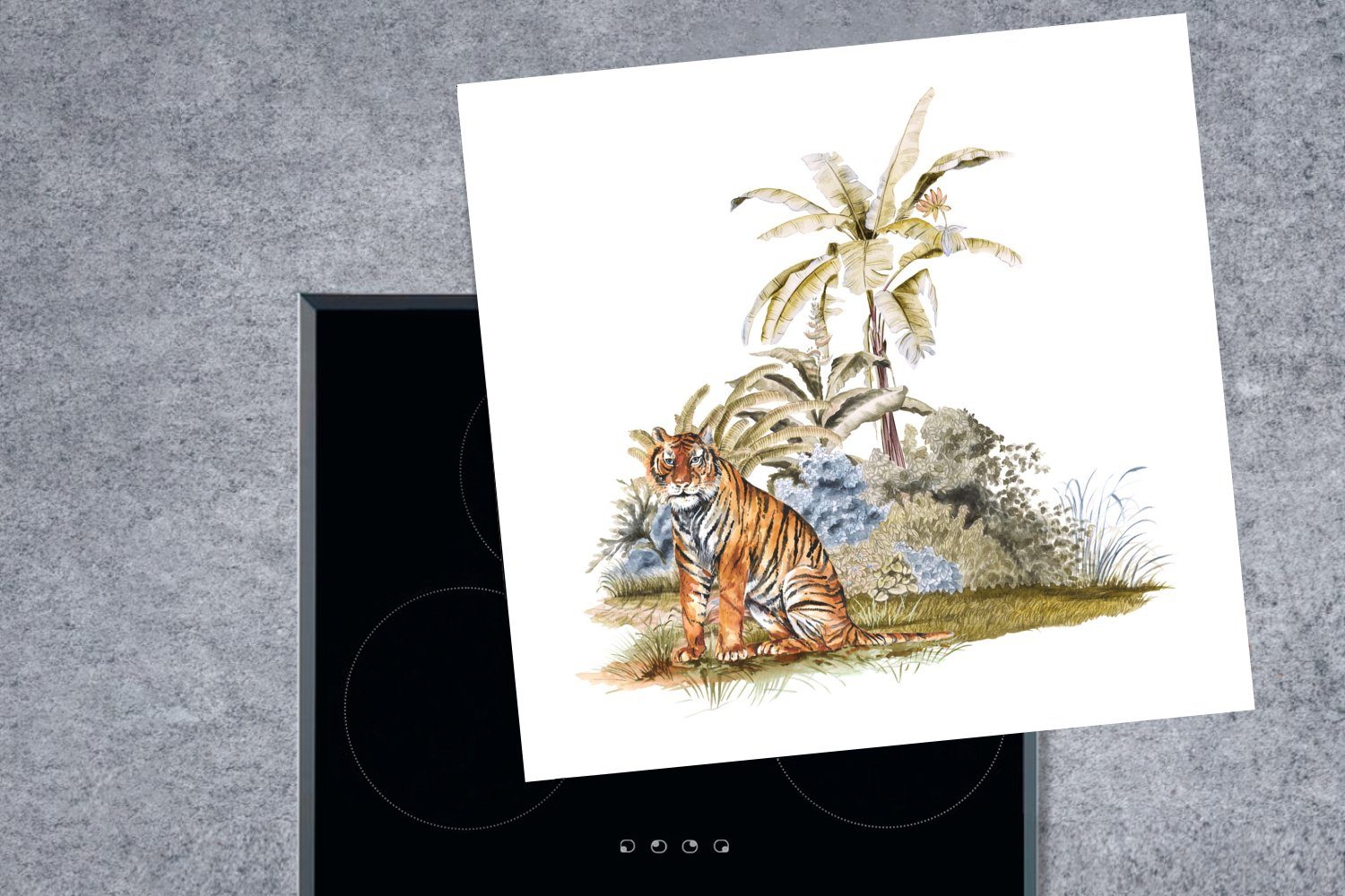 MuchoWow Herdblende-/Abdeckplatte cm, für Vinyl, - - Arbeitsplatte (1 Tiger küche Pflanzen Ceranfeldabdeckung, tlg), Malerei, 78x78