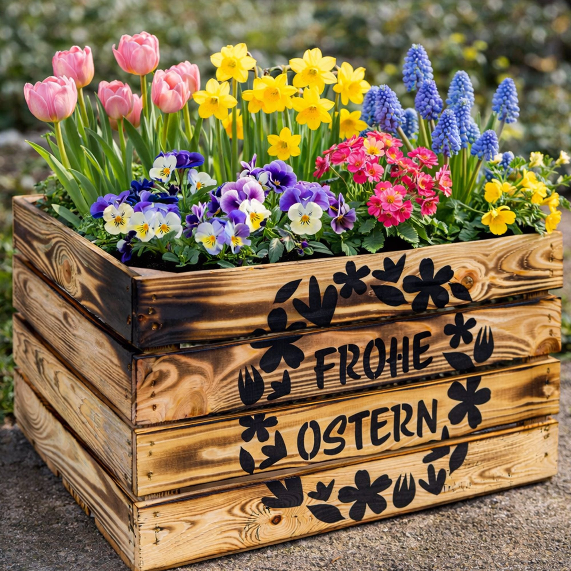 Kistenkolli Altes Land Allzweckkiste Holzkiste Ostermotiv Frohe Ostern 50x40x30 cm Geflammt Osterkranz
