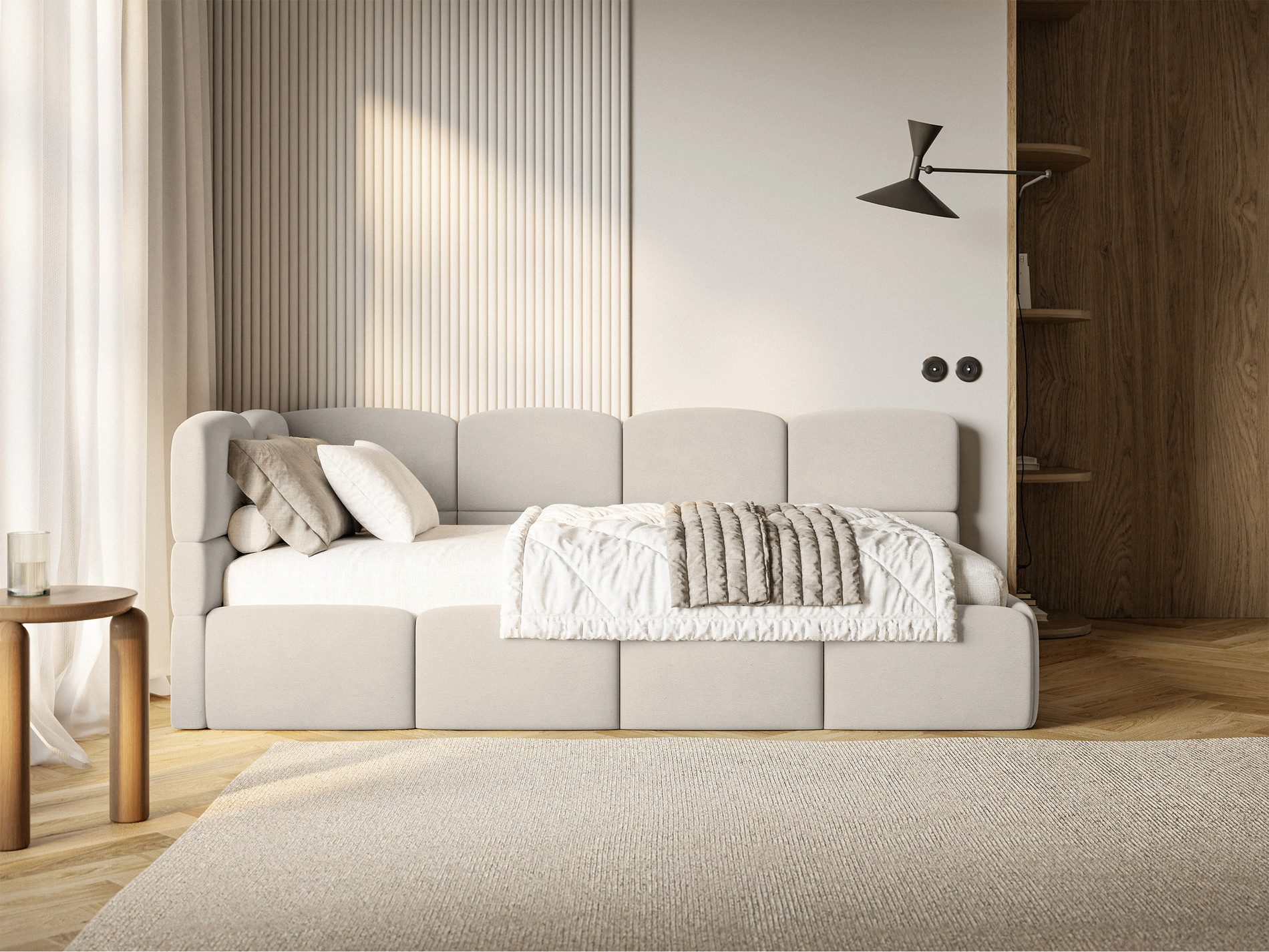 Selsey Jugendbett CLOUDY, Eck-Kopfteil, Matratze & Bettkasten, Easy-Clean-Samt, 90x200 cm