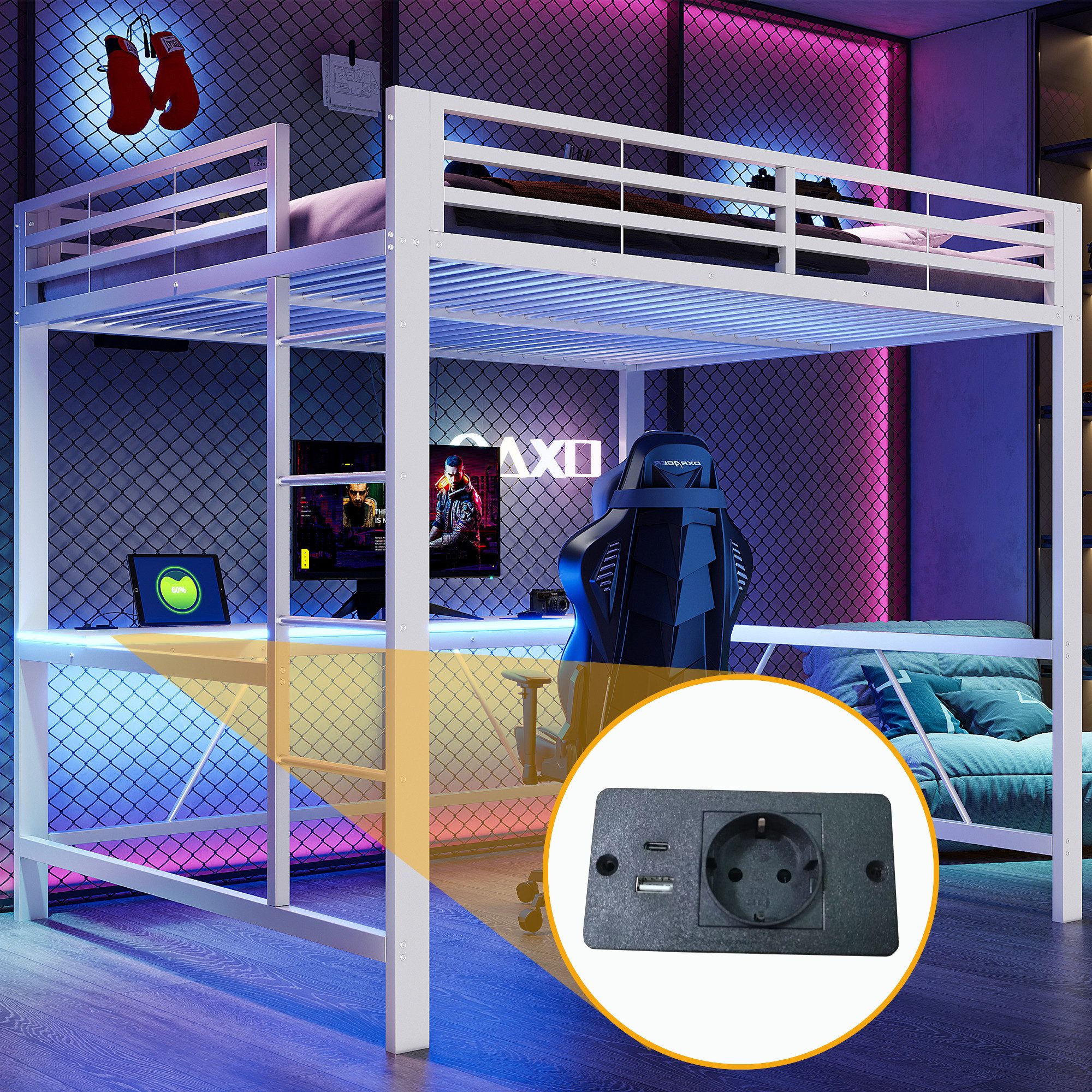 Merax Hochbett mit LED-Beleuchtung & USB-Ladestation (Jugendbett Einzelbett Mehrzweckbett, 1-St) Metallbett Kinderbett 160x200cm mit Schreibtisch Leiter & Schutzgitter