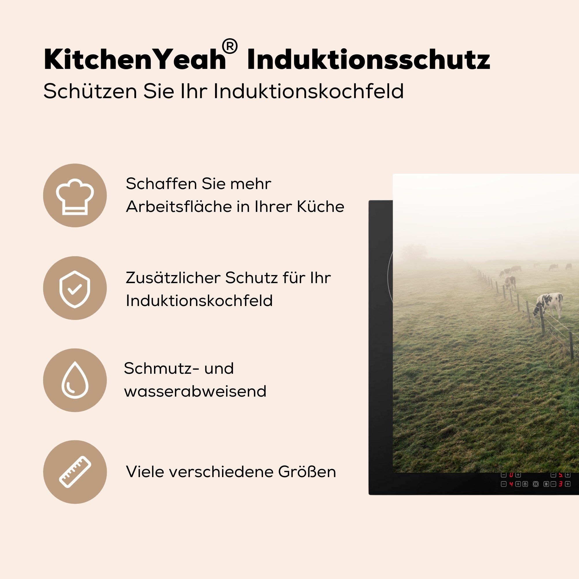 Vinyl, Ceranfeldabdeckung MuchoWow Nebel Herdblende-/Abdeckplatte 81x52 Induktionskochfeld (1 die Schutz cm, für küche, - Kühe Friesland, tlg), -
