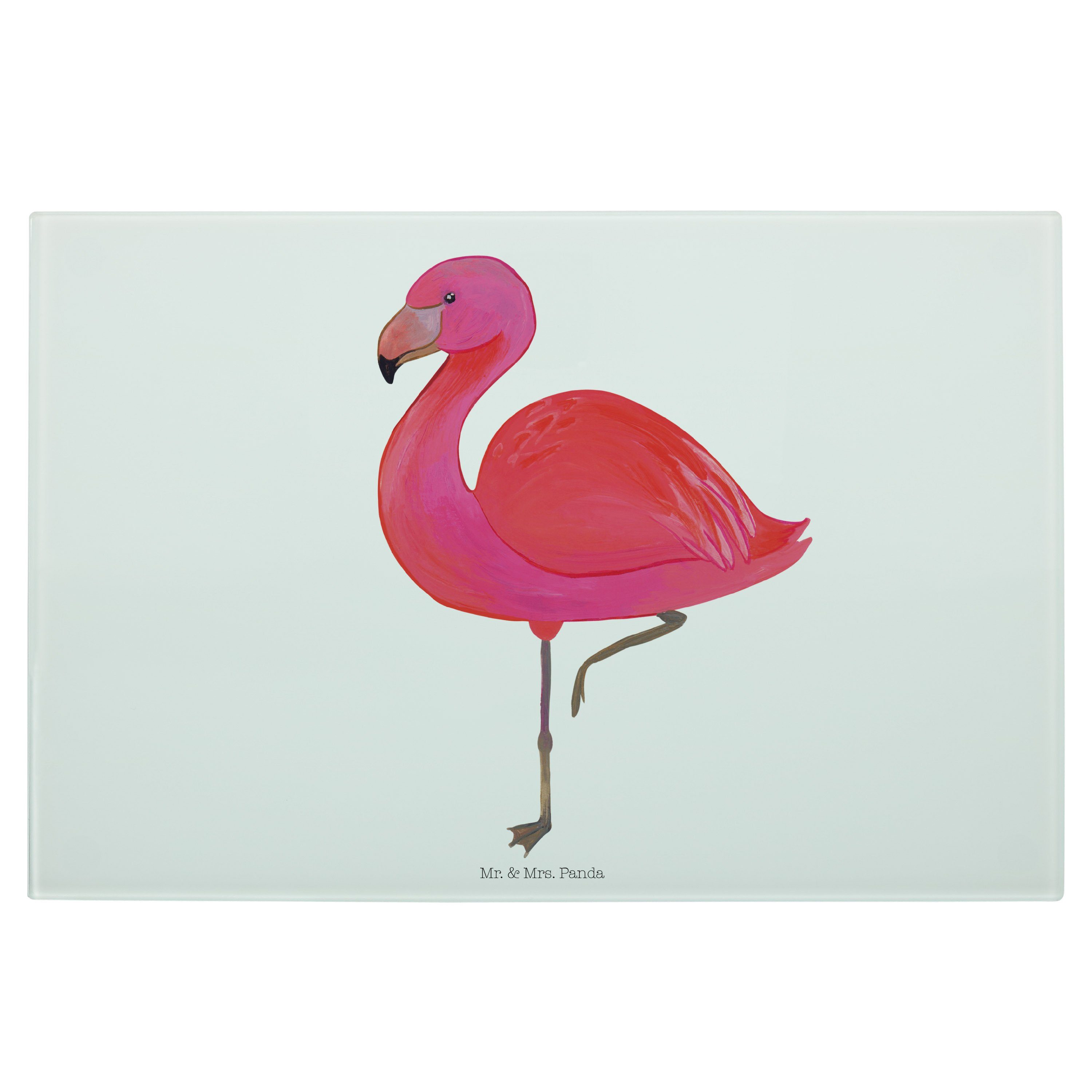 Flamingo glücklich, - Weiß sto, Glasschneidebrett, Servierbrett - Panda Mr. Geschenk, classic & (1-St) Premium Glas, Mrs.