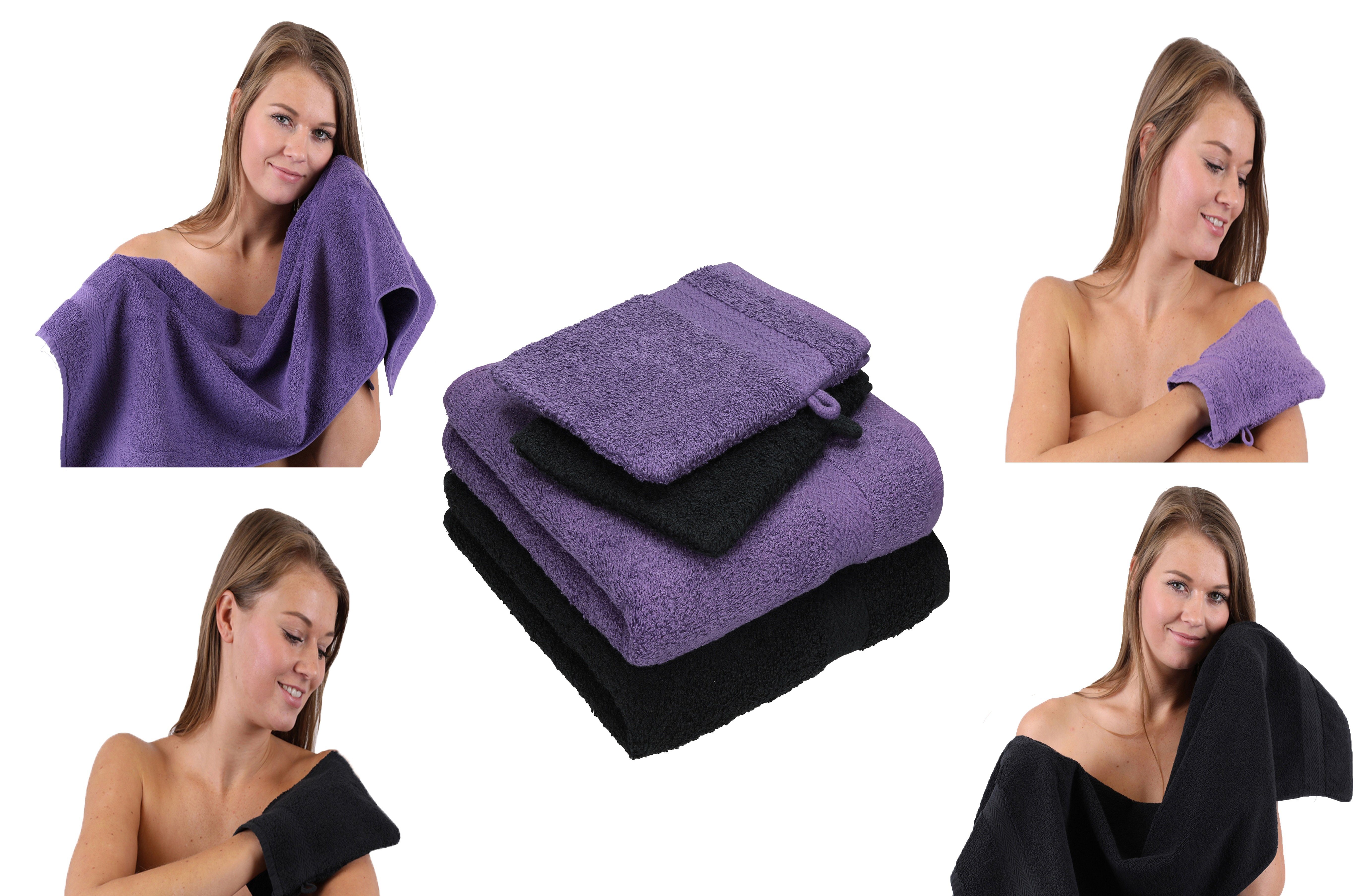 Handtuch Waschhandschuhe, 4 Pack TLG. Handtücher Betz Baumwolle, Happy 100% Set Handtuch 2 100% Set 2 Baumwolle lila-schwarz (4-tlg)