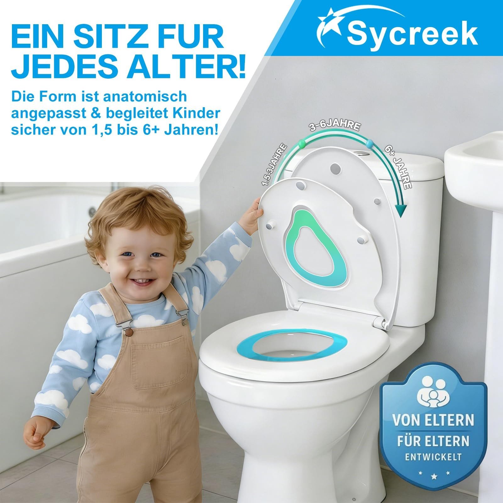 Blossom WC-Sitz Toilettensitz Kinder, Toilettendeckel mit Absenkautomatik, Klodeckel (mit integriertem Kindersitz, Quick Release), antibakterieller Klobrille, D-Form Oval WC Sitz Familien Toilettensitz