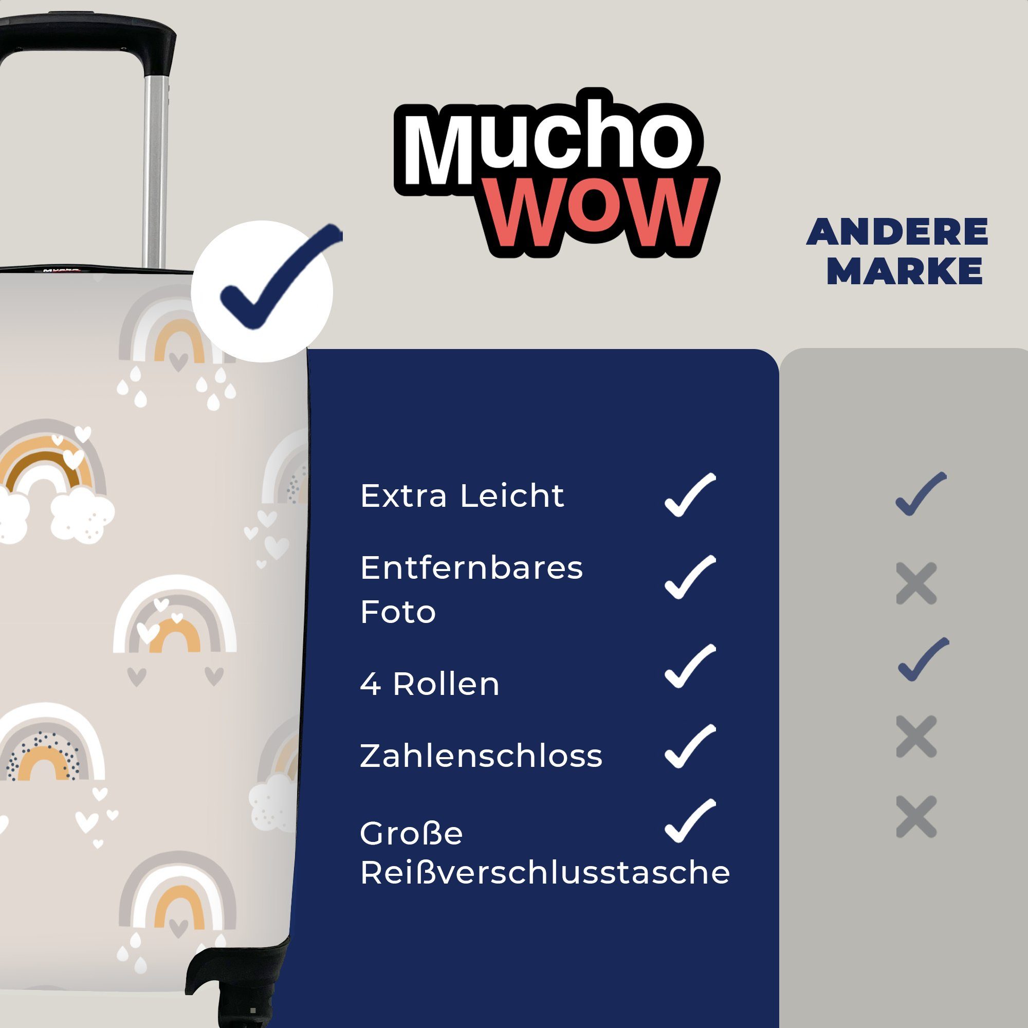 MuchoWow Trolley, 4 Muster Reisetasche mit Rollen, Ferien, - für Handgepäck rollen, Regenbogen - Herzen, Handgepäckkoffer Reisekoffer