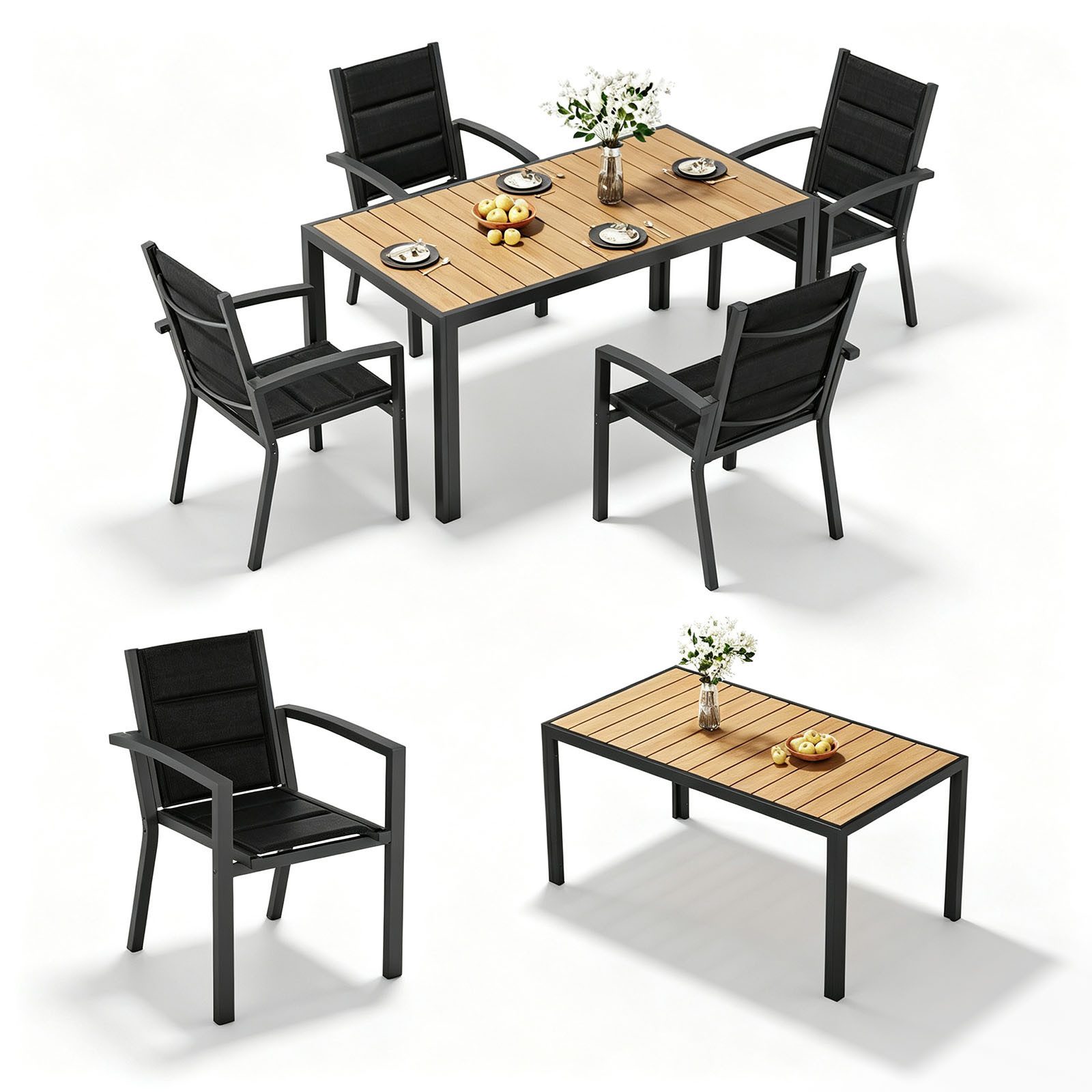 HOMALL Garten-Essgruppe 150/180cm Holzoptik Aluminiumtisch und Gartenstühle mit armlehnen, (5-tlg), Stapelbare Gartenstühle bis 160kg, rostfreier Aluminiumtisch bis 100kg