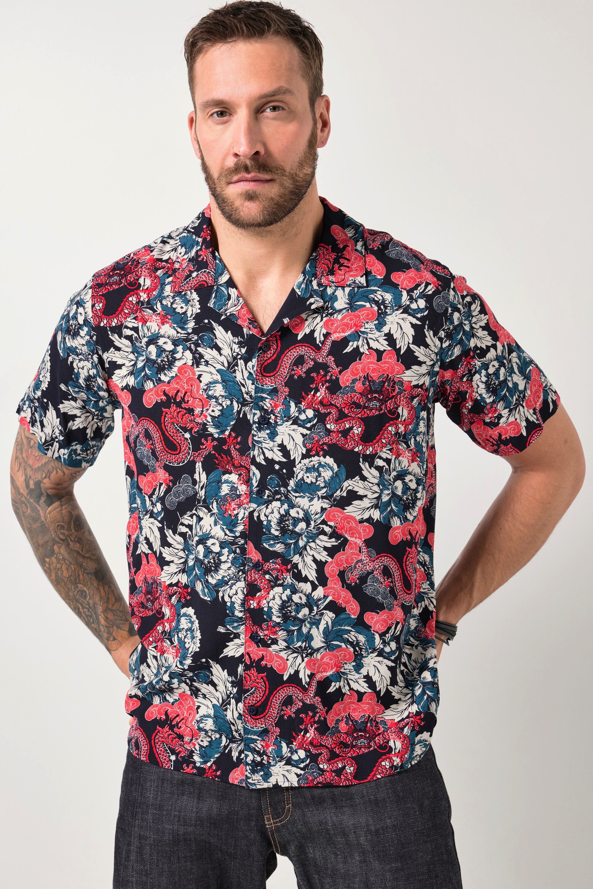Kurzarmhemd Hemd Halbarm Cuba-Kragen floraler Druck Cuba Fit