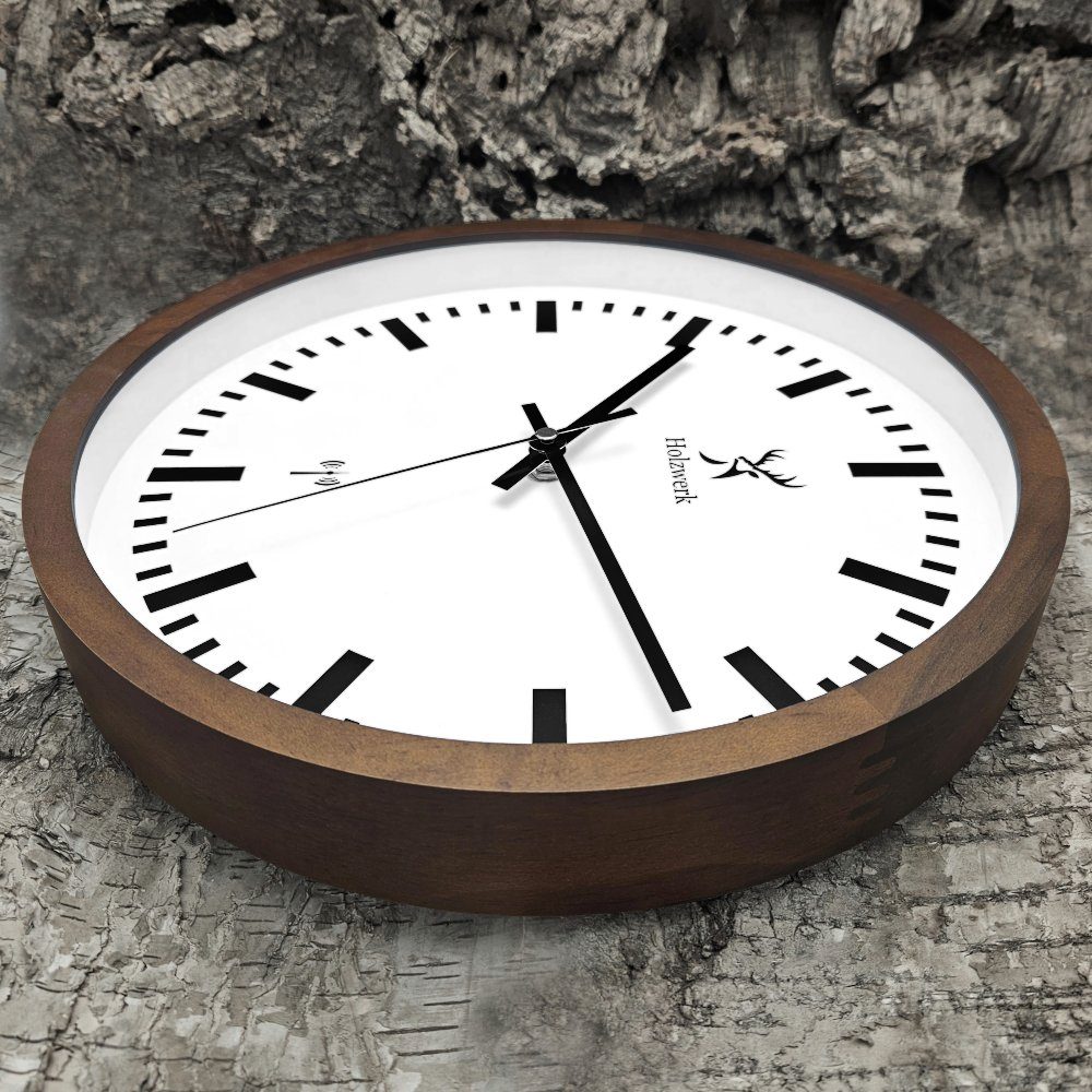 Holzwerk Funkwanduhr Bahnhofs Funk Holz Wand Uhr, braun, beige weiß (Nahezu lautloses Uhrwerk, analog, 30 cm)