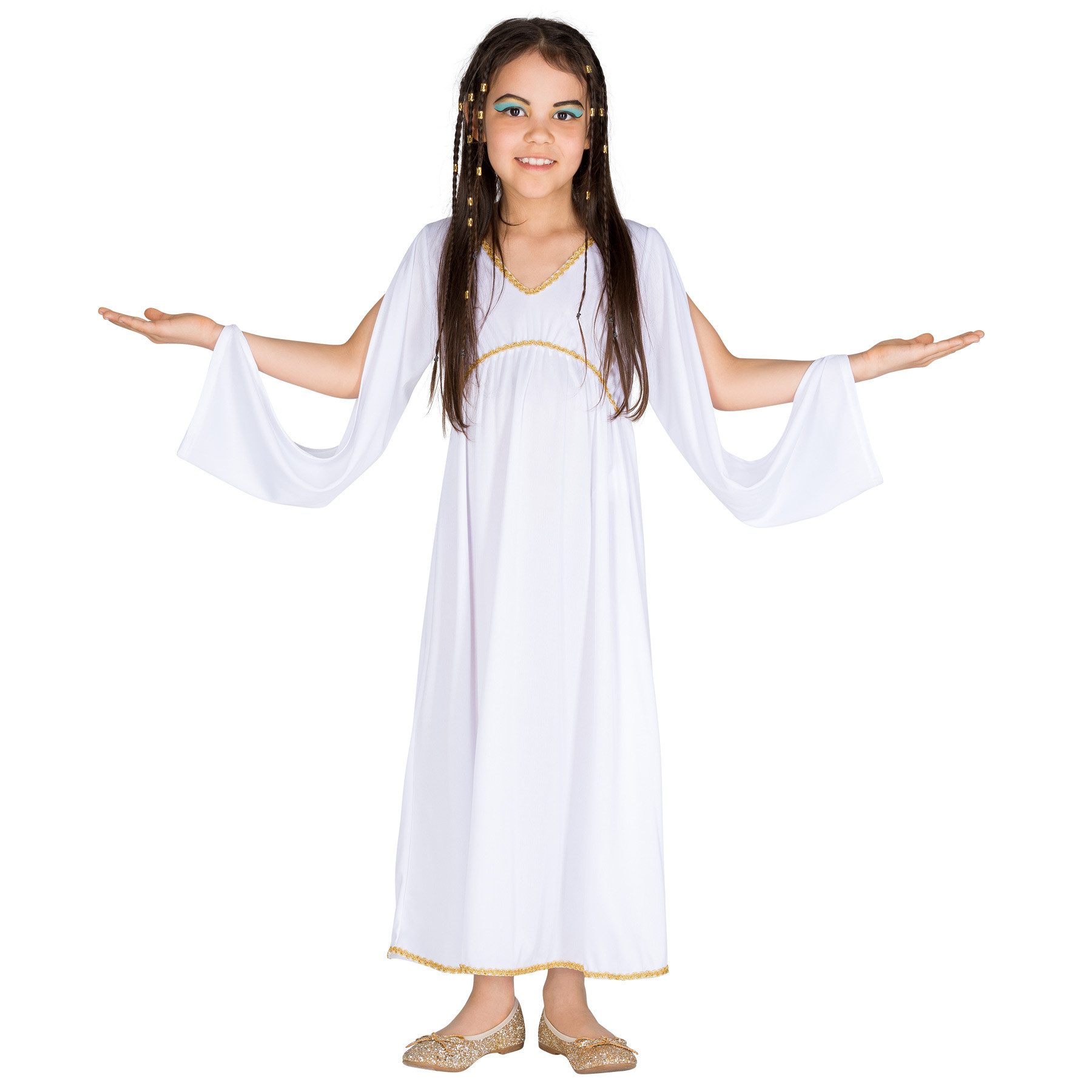 dressforfun Kostüm Prinzessin/Edelfrau, Gr. 140 (10-12 Jahre), Langes bequemes Kleid, in weiß, Goldene Bordüre am Kragen unterhalb der Brust und am Saum