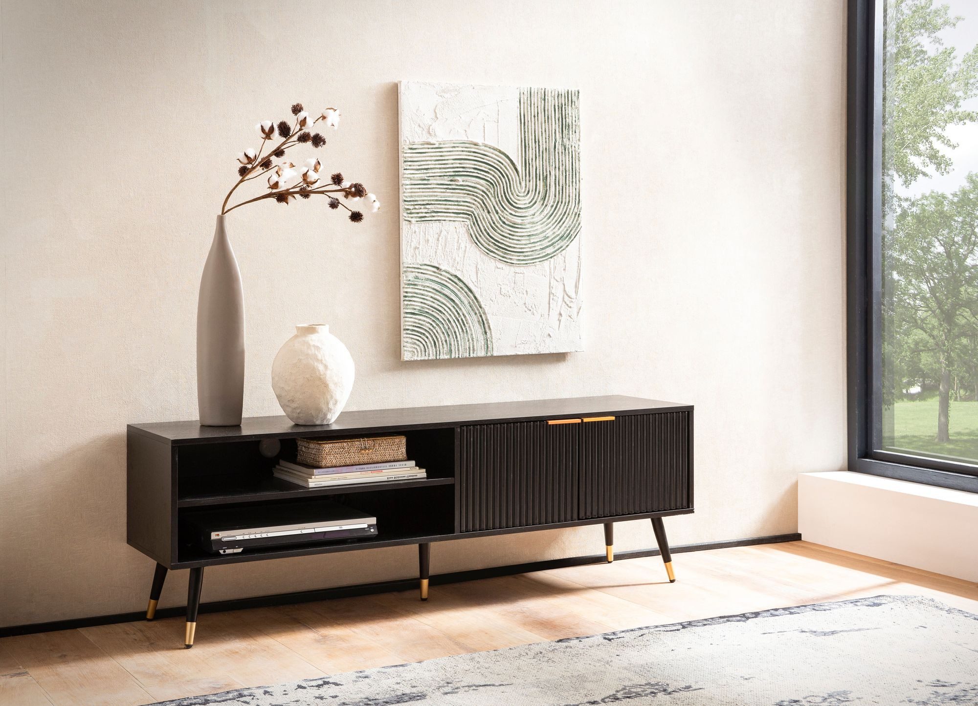 FINEBUY Lowboard FB103280 TV Schrank 150 cm Schwarz Türen Fernsehkommode Ei günstig online kaufen