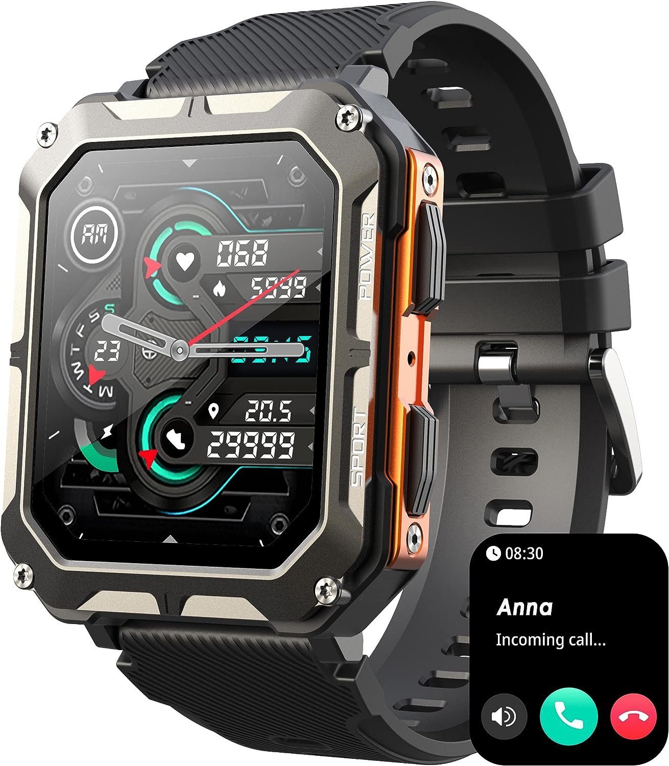 findtime Smartwatch (1,83 Zoll, Android iOS), Herren mit Telefonfunktion Sportuhr Militär Fitnessuhr 123 Sportmodi
