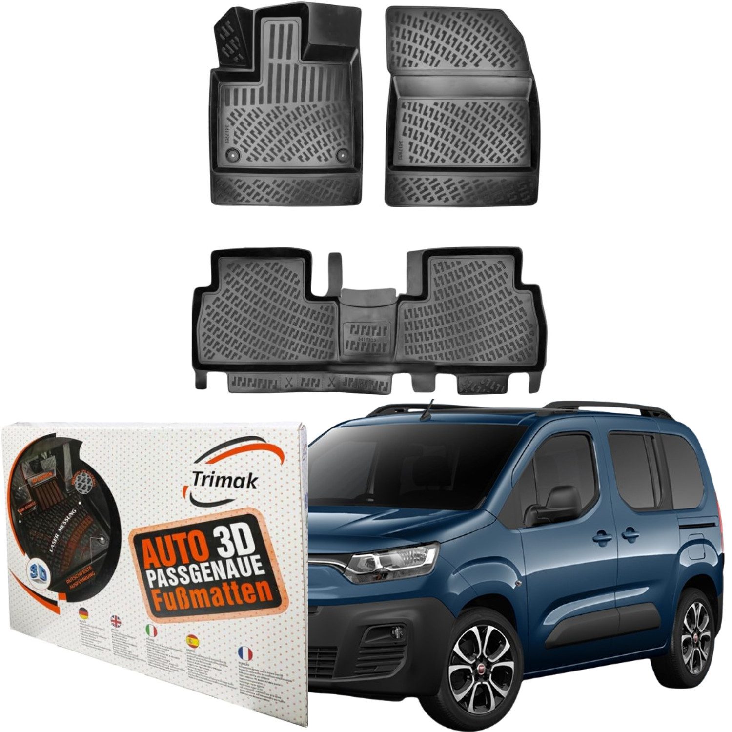 Trimak Passform-Fußmatten Oder Kofferraumwanne Oder Set kompatibel mit Fiat Doblo, Fiat Doblo 3. Gen. Typ K9 ab 2022 Gummimatten Auto TPE Allwetter