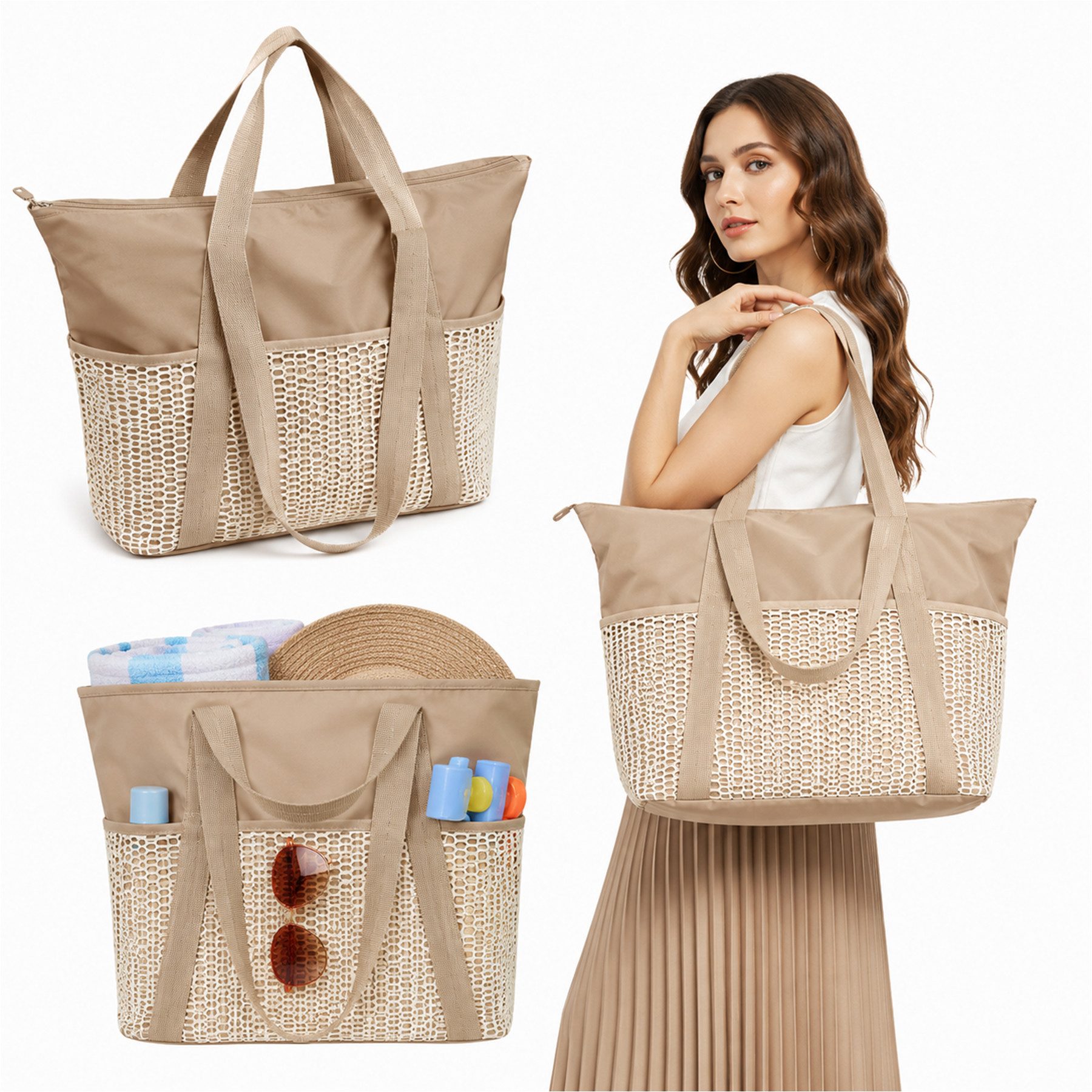 Mutig Strandtasche Strandtasche XL Familie,Groß Strandtasche reisetasche damen shopper (handtaschen damen groß mit Reißverschluss Wasserdicht Sanddicht, schwimmtasche, Umhängetasche Damen, 30L, Faltbar, Ultraleicht, Badetasche), für Urlaub Reisen Fitnesss