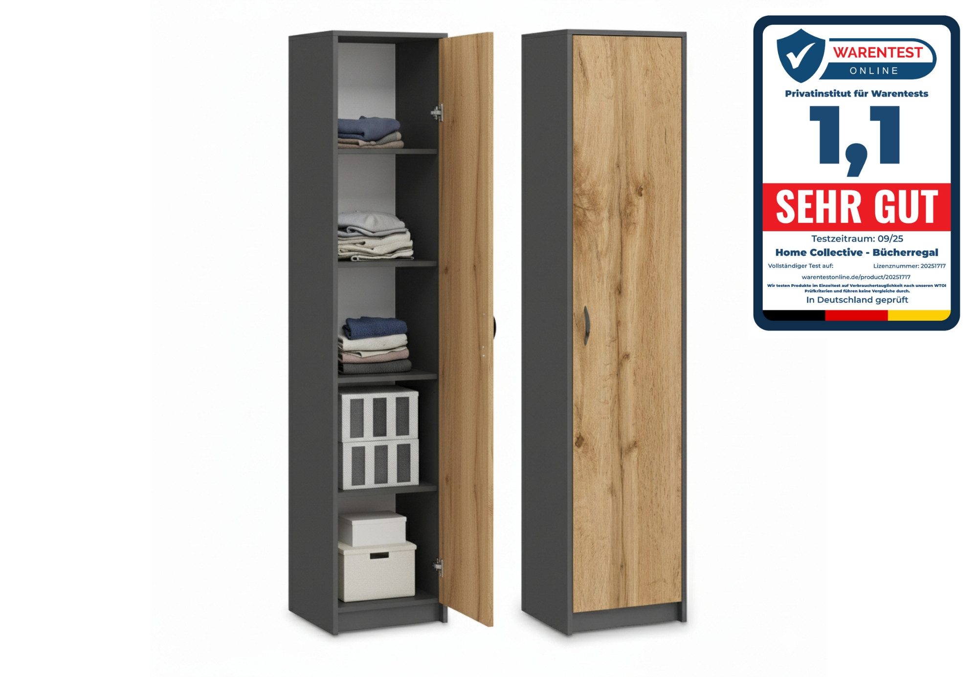 Home Collective Aktenschrank Bücherregal Kleiderschrank Regal 40cm breit 180cm hoch Schrank (Regal Wand schmal Holz für Schlafzimmer Flur Keller Büro) Mehrzweckschrank mit 4 verstellbaren Einlegeböden Anthrazit-Eiche