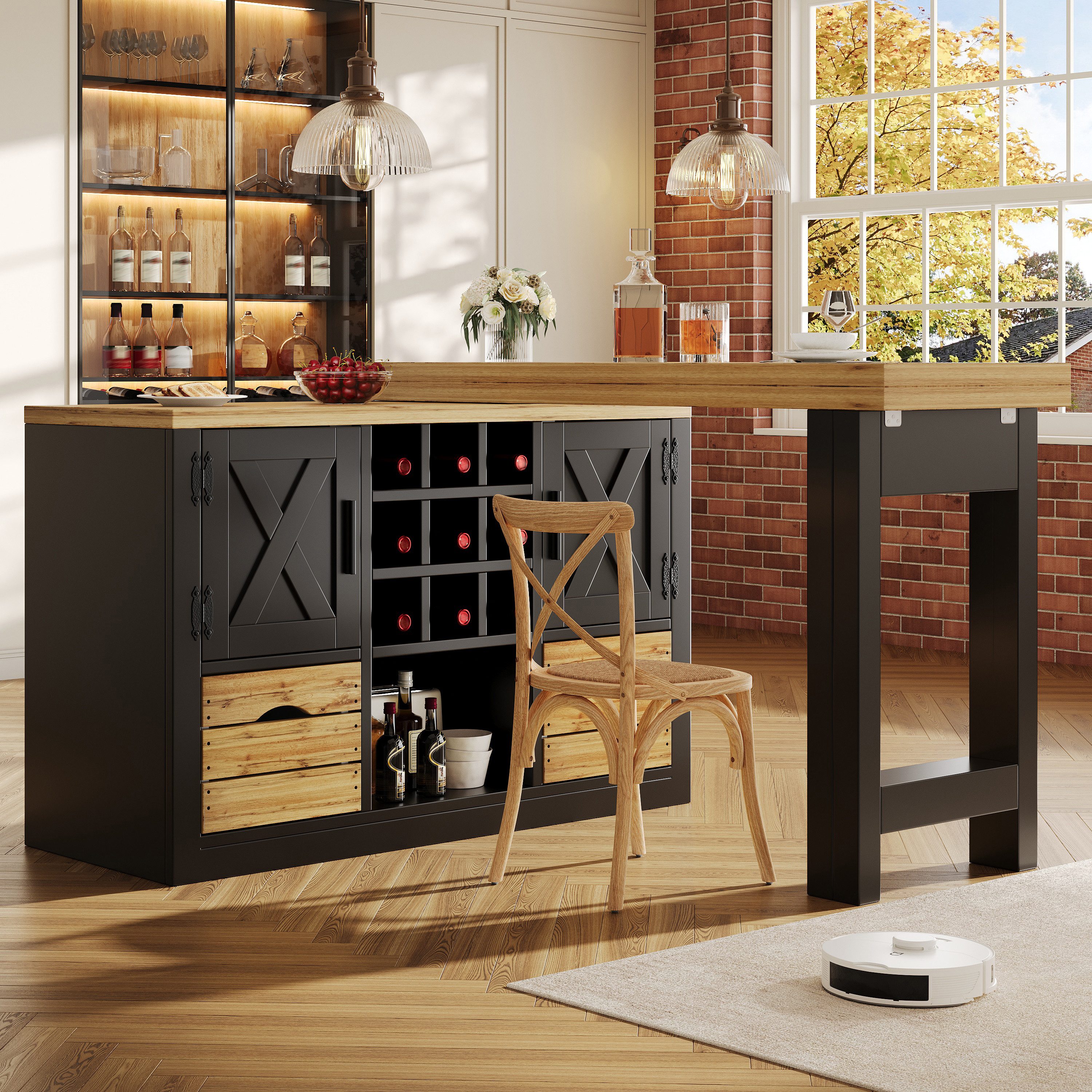 KLAM HOME Kücheninsel Ausziehbarer Kücheninsel-Esstisch Schwarz mit 360° drehbarer Platte, (Multifunktionaler MDF Tisch mit Sideboard & großem Stauraum), Transformierbarer Ess- und Küchentisch bis 197cm ausziehbar