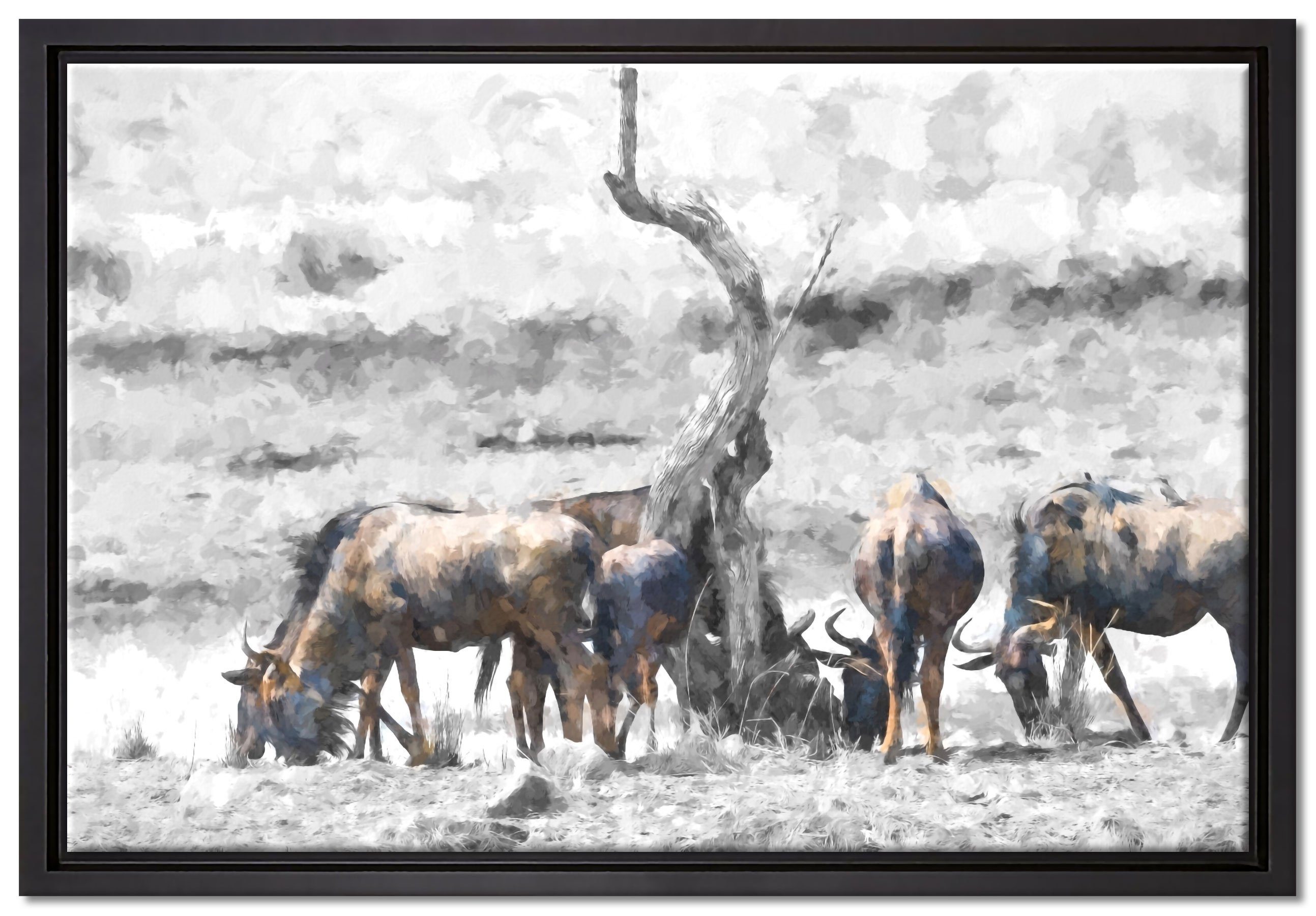 Pixxprint Leinwandbild Kaffernbüffel Herde in Savanne, Wanddekoration (1 St), Leinwandbild fertig bespannt, in einem Schattenfugen-Bilderrahmen gefasst, inkl. Zackenaufhänger