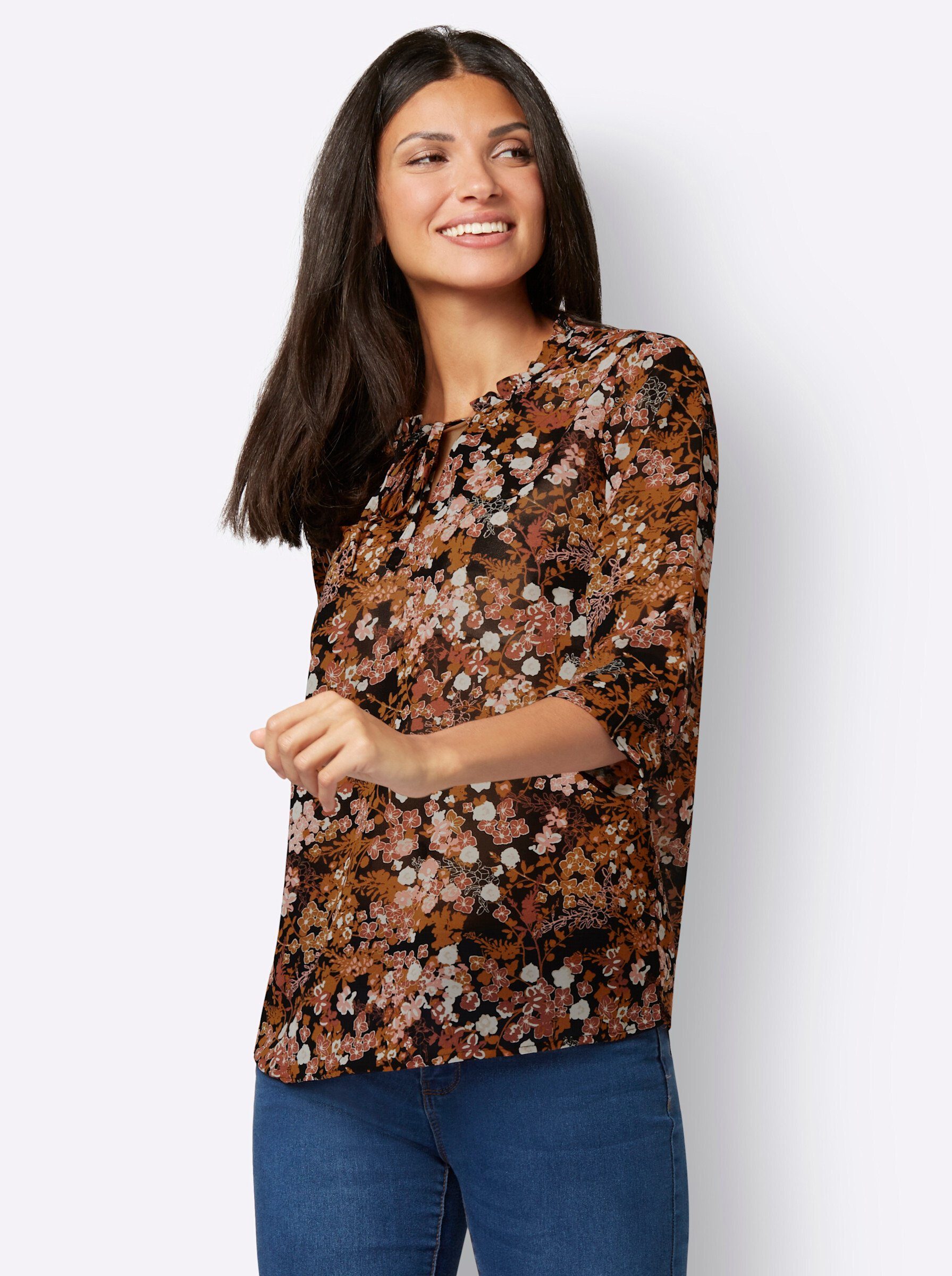 Bluse Sieh an! schwarz-cognac-bedruckt Klassische