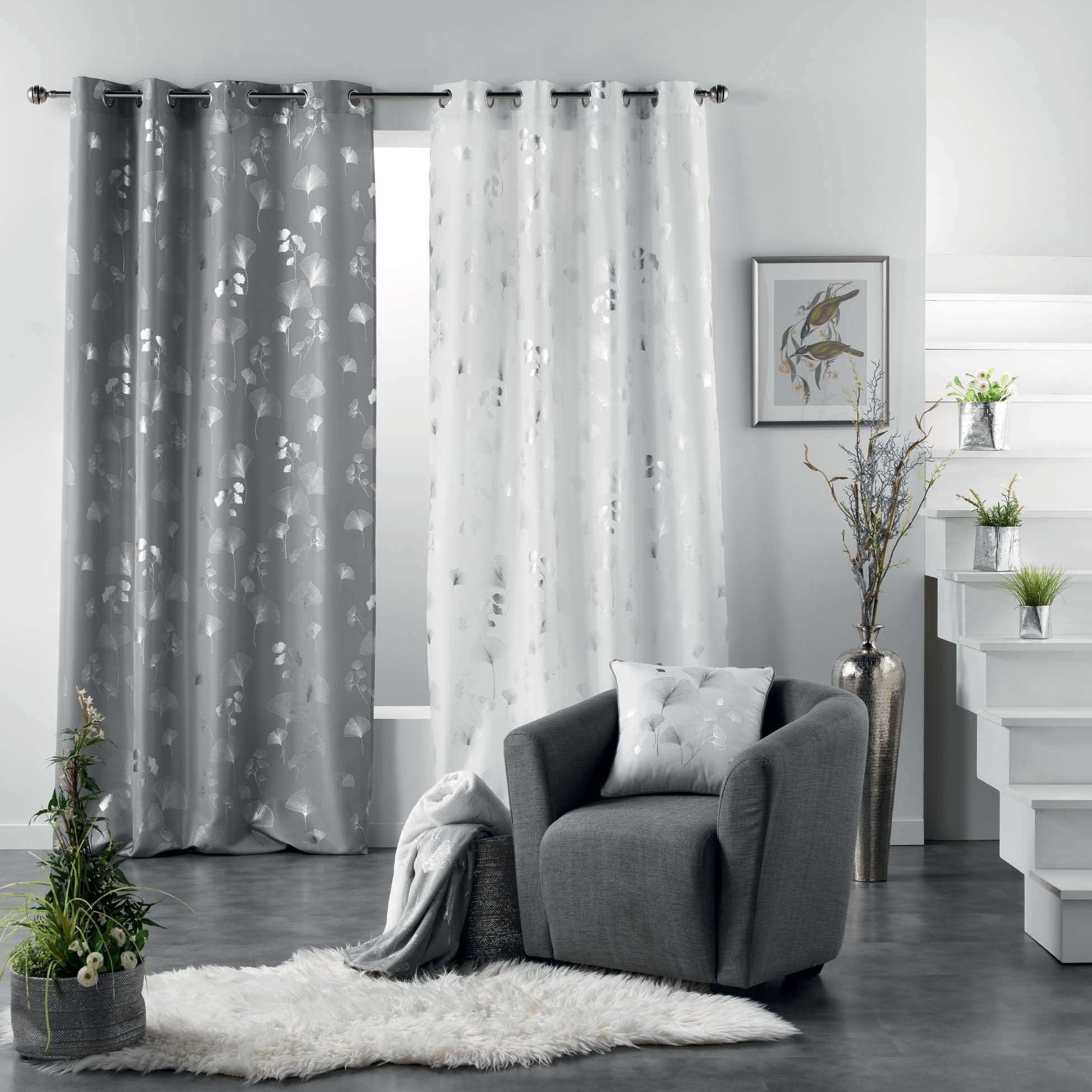 Blattdruck Vorhang, grau silber Vorhang Ösenschal dynamic24, halbtransparent, 140x260cm Ösen,