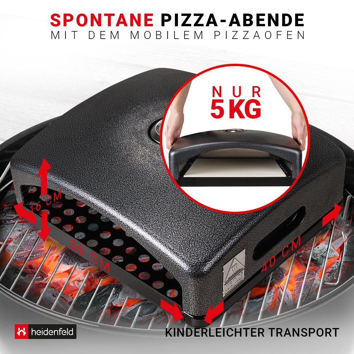 Heidenfeld Pizzaofen-Grillaufsatz Pizzaaufsatz für Gasgrill Bologna Pizzabox, Edelstahl, (geeignet für Gasgrill Gas Holzkohlegrill, Hitzedämmung, 1-St., 2 x seitliche Griffe, leichte & schnelle Reinigung per Hand), Pizzaofenaufsatz - Thermometer bis 540°C & Pizzastein Cordierit