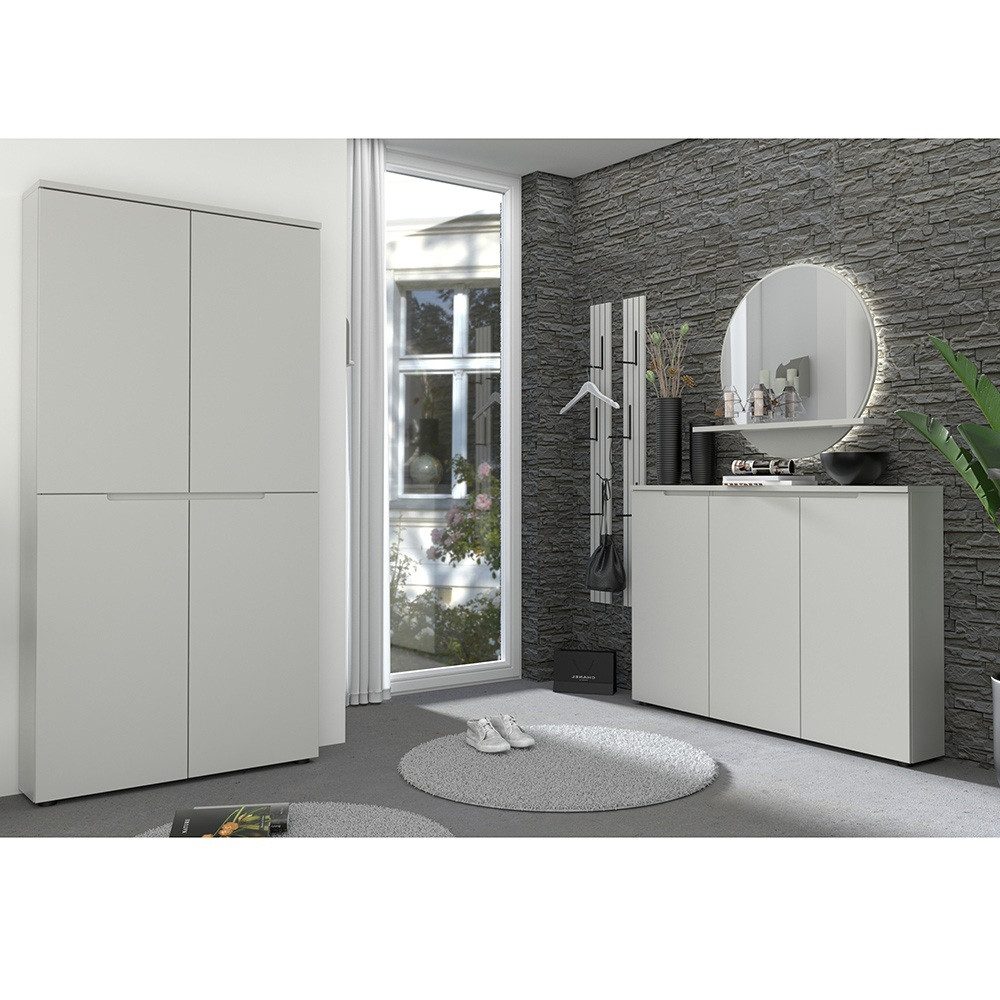 Lomadox Garderoben-Set BREDA-36, (Spar-Set, 5-St., Flurschrank Schuhschrank Spiegel Ablage Garderobenpaneele), Grau hell Paneele mit Klapphaken Rillenoptik, inkl. Beleuchtung