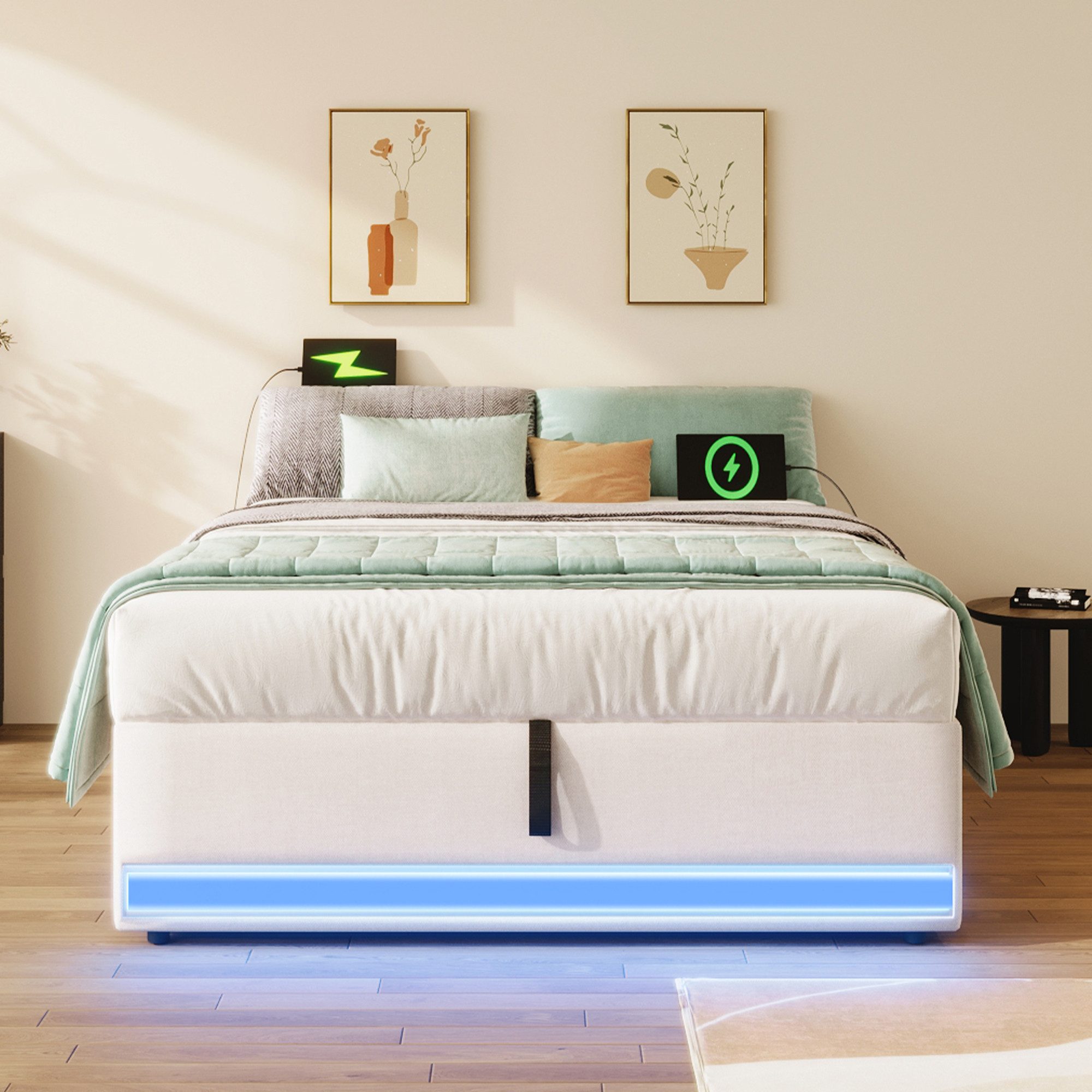SOFTWEARY Futonbett mit LED-Beleuchtung und Aufbewahrung (mit Mehrfachsteckdose, 90x200 cm), Einzelbett ohne Kopfteil, Leinen