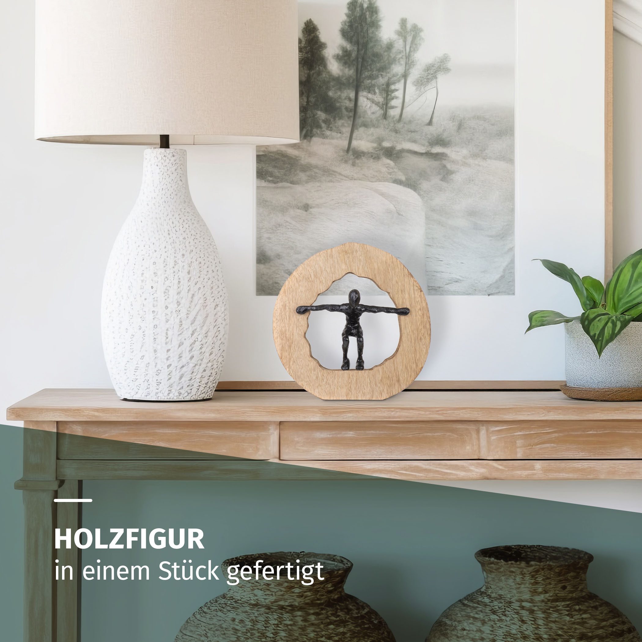 Moritz Skulptur Dekofigur Mann im Kreis aus Aluminium und Mangoholz, Holz, Tischdeko, Fensterdeko, Wanddeko, Holzdeko, Weihnachtsdeko