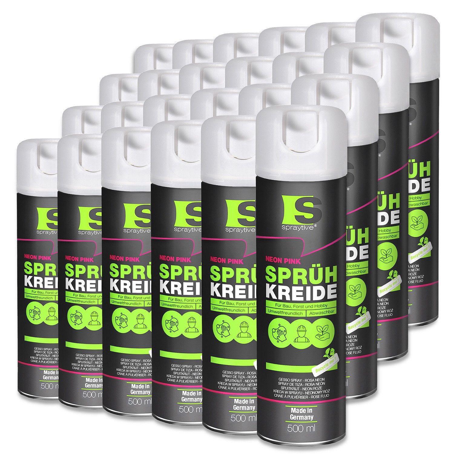 Spraytive Sprühfarbe 24x 500ml Sprühkreide neon-pink – abwaschbare leuchtende Kreidefarbe, Made in Germany