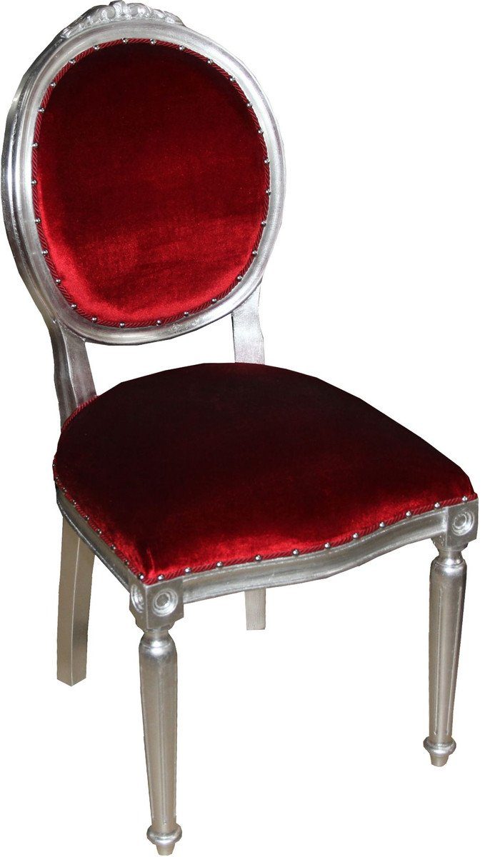 Esszimmer Esszimmerstuhl Casa - Medaillon Edition / Barock Padrino Bordeaux Limited Armlehnen Stuhl in Silber ohne Luxus