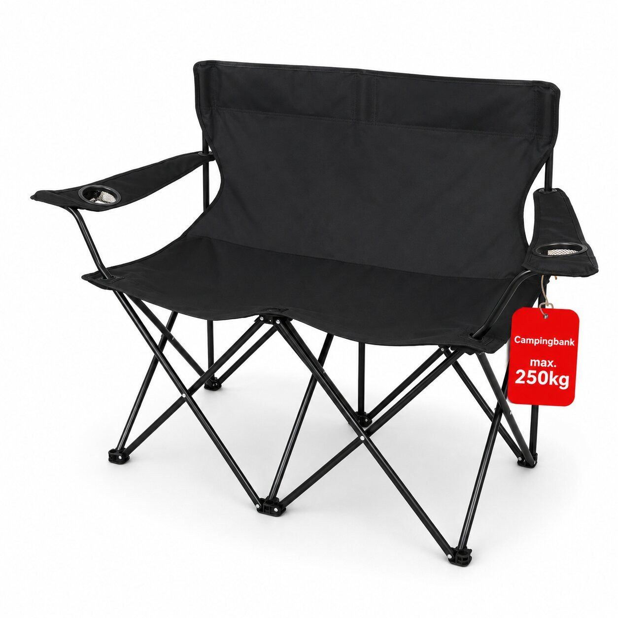BigDean Faltstuhl Camping Sofa faltbar Camping Bank schwarz 2 Personen 2 Getränkehalter (Packung, 1 St), Extra Breit, Gepolstert, Getränkehalter, Tragetasche
