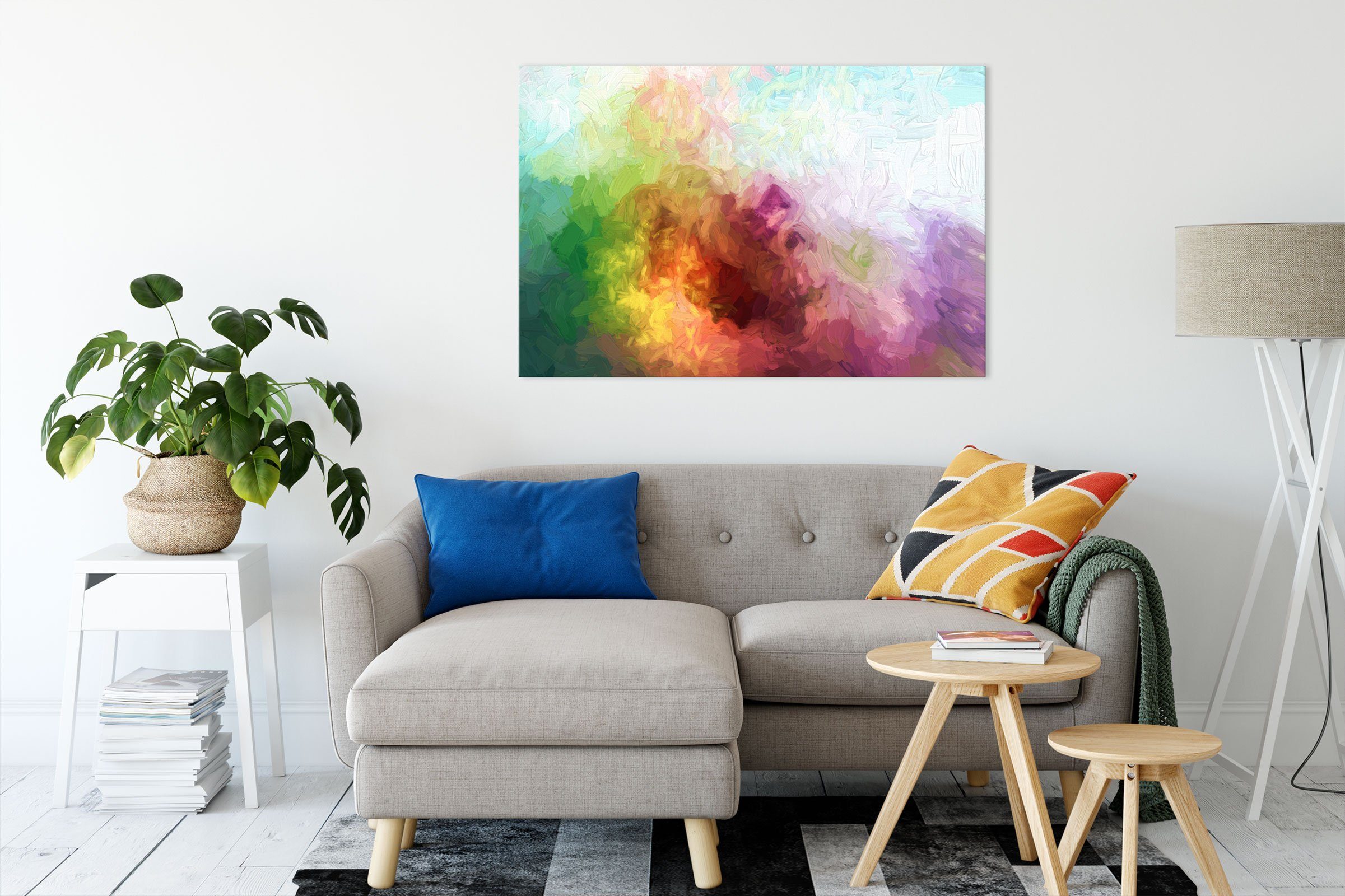 abstrakte fertig bunte Wasserfarben inkl. bespannt, Leinwandbild Leinwandbild Zackenaufhänger Pixxprint Wasserfarben, St), (1 abstrakte bunte