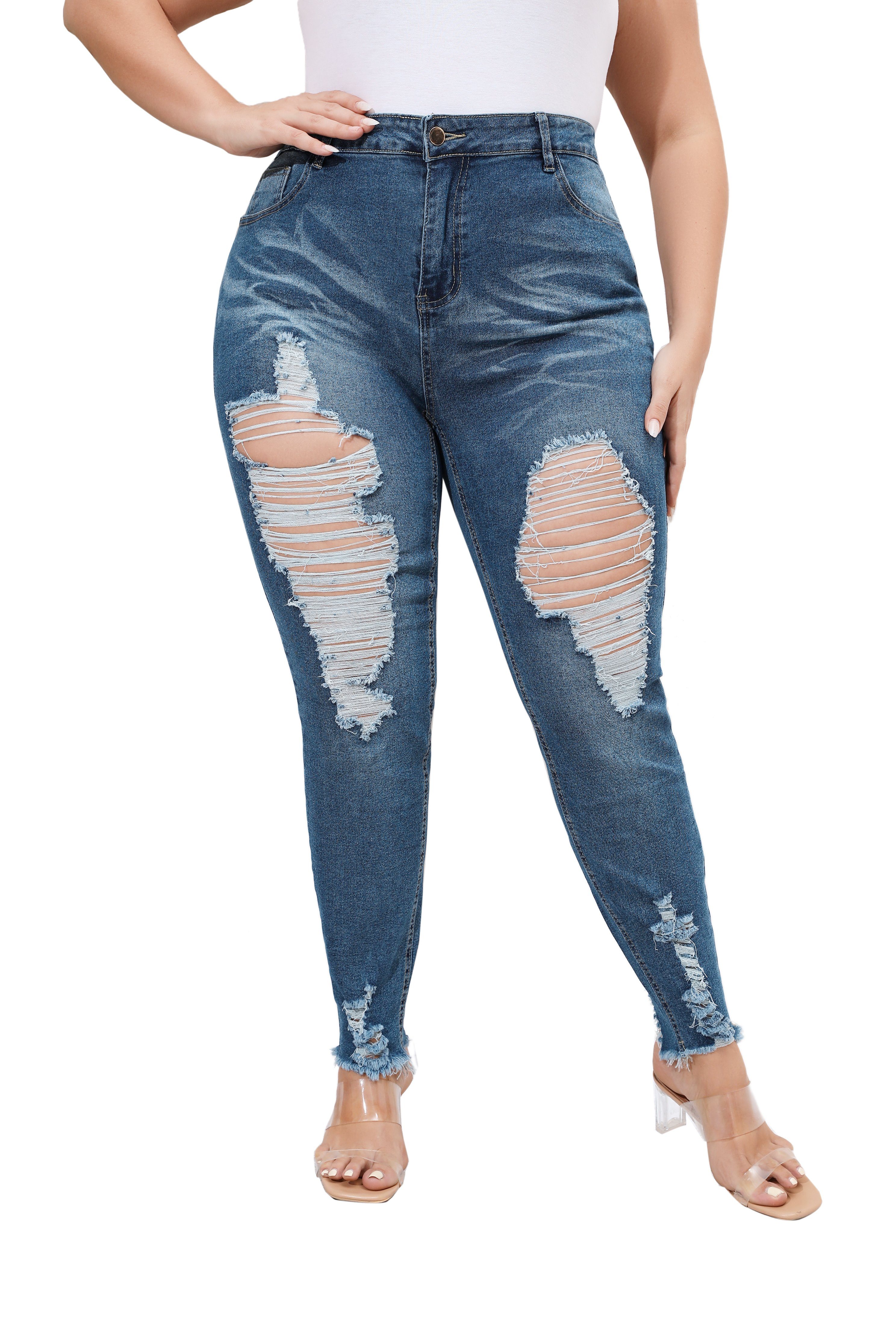 PYL Stretch-Jeans »Damen Große Größe Destroyed jeans Navy Blau Mit High  Waist« 46-56Größe