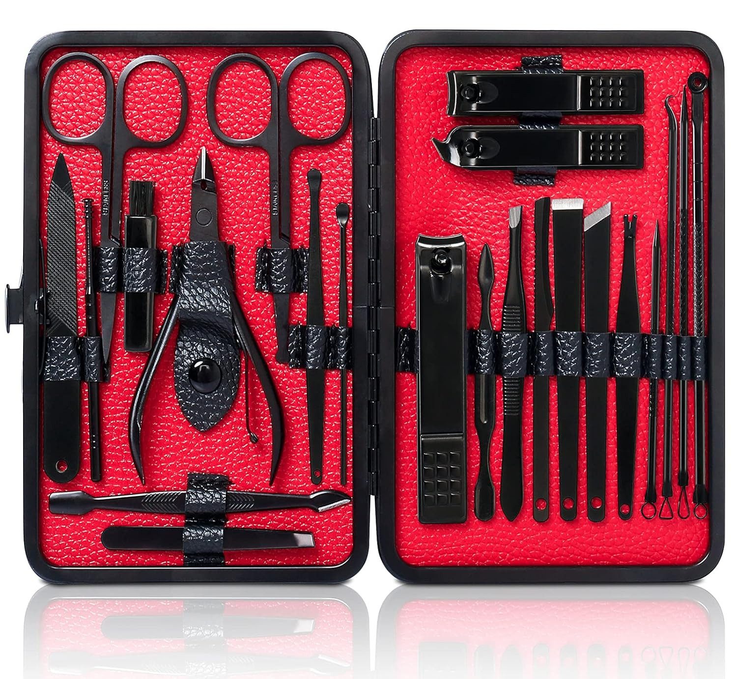 Refined Living Nageldesign Zubehör Nagelschere,Nagelknipser Set, 23 Teiliges Edelstahl Werkzeug Set, Edelstahl ragbarer Werkzeuge, Hochwertiges Set Schwarz-Rot, Hochwertige Materialien, Vielseitige Werkzeuge, Tragbar, 23-tlg., Nagelschere,Nagelknipser,Pinzette uvm.Leicht zu tragen, Professionelles 23-teiliges Nagelwerkzeug Set für Damen & Herren