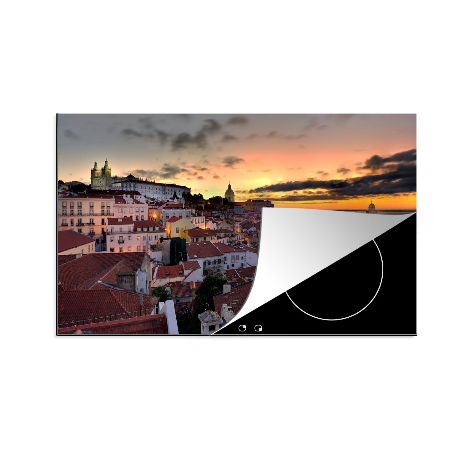 MuchoWow Herdblende-/Abdeckplatte Portas do Sol bei Sonnenaufgang in Alfama, Lissabon, Portugal, Vinyl, (1 tlg), 83x51 cm, Ceranfeldabdeckung, Arbeitsplatte für küche